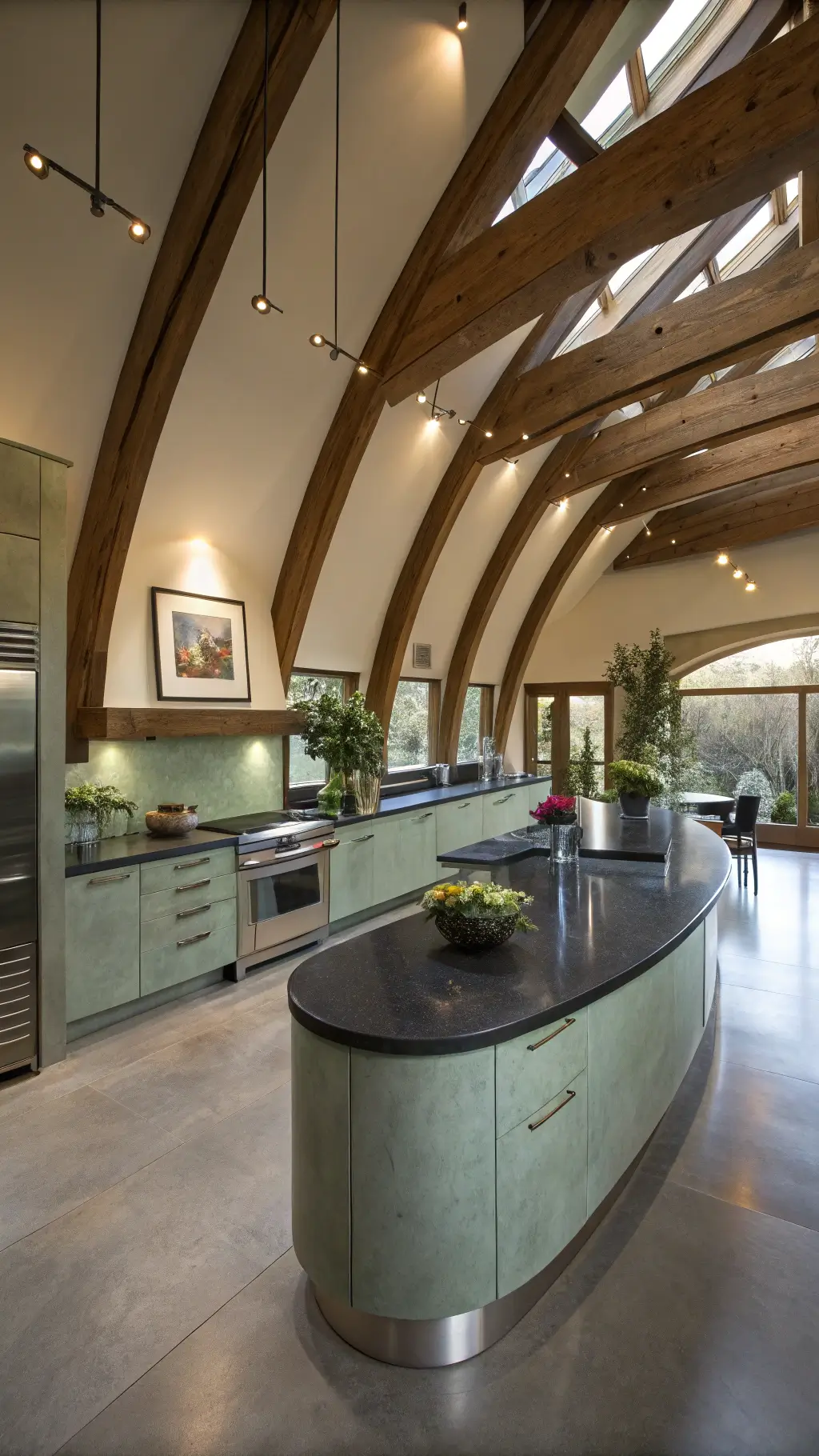 Aerial view of a modern kitchen with curved design features, vaulted ceilings with exposed beams, matte black granite countertops, sage green island, LED underlighting, polished concrete floors, hidden appliance wall and styled with ceramic vessels and trailing plants.