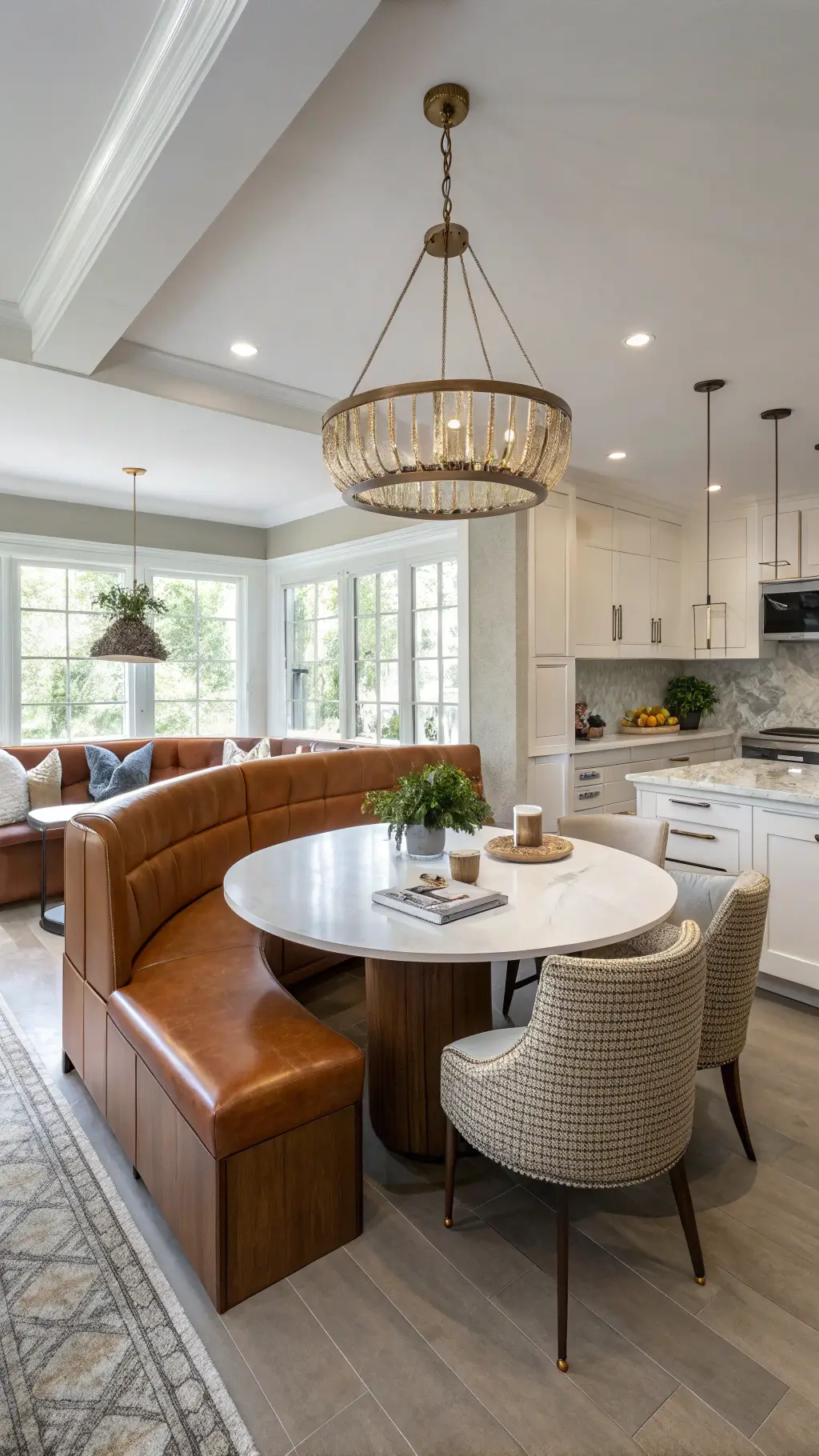 Large kitchen island with cognac leather banquette, oval table, pendant lights, and white oak base with quartz top, filled with morning light and lifestyle items suggesting active use.