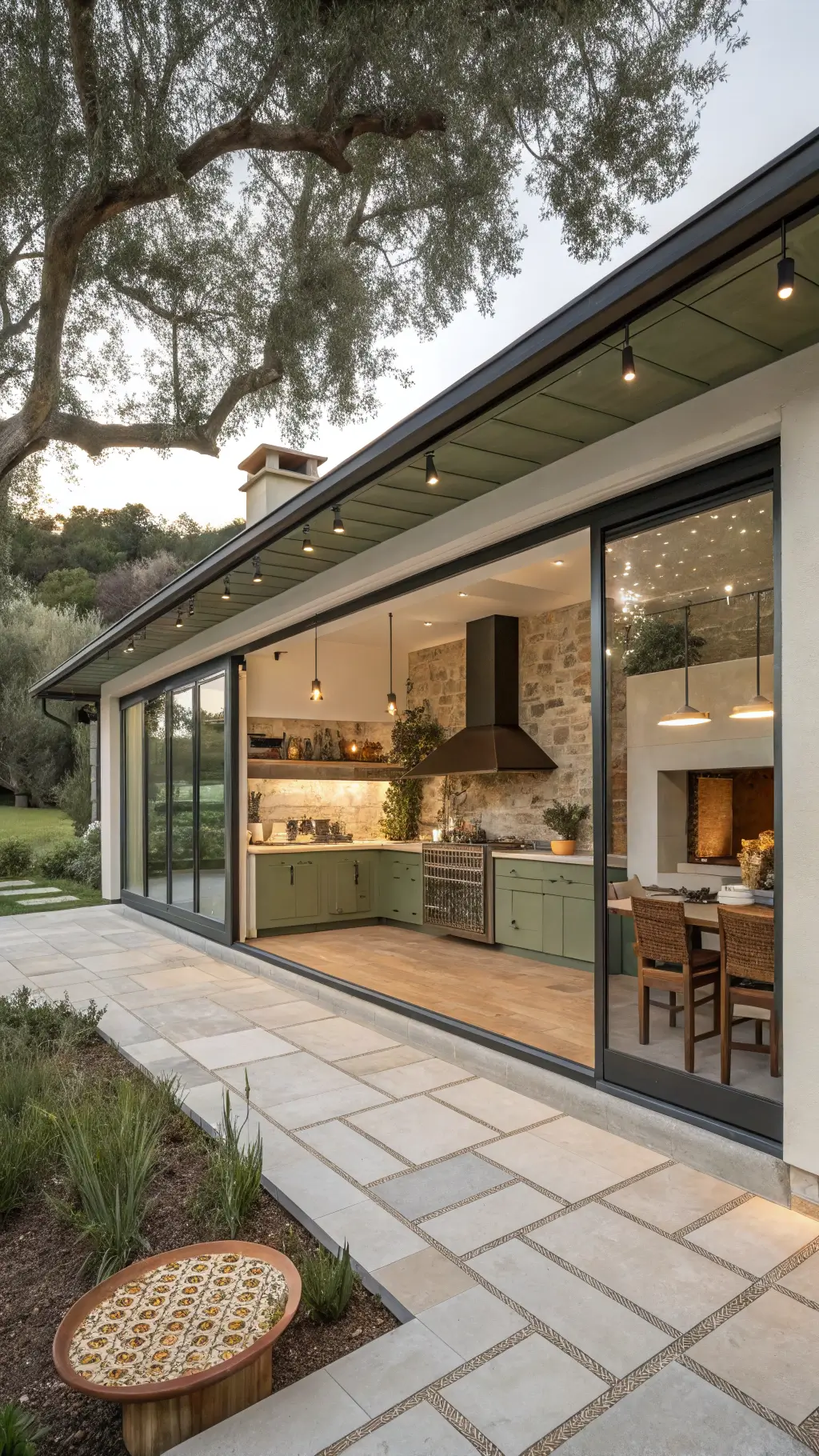 Modern Mediterranean kitchen merging with outdoor patio at magic hour, featuring olive green cabinetry, limestone, warm whites, a wood-fired pizza oven, woven pendants, and framed by potted citrus trees.