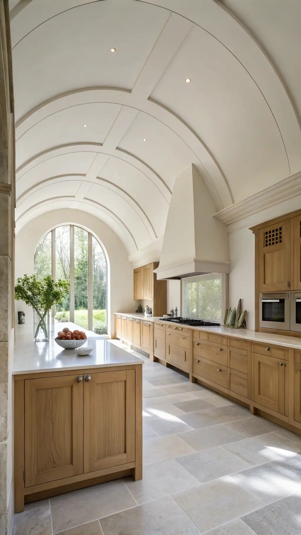 Minimalist high-ceiling kitchen with curved oak cabinets, a concealed range hood, limestone floors, and a large bleached maple island under morning light with a vase of blooming quince branch for decor.