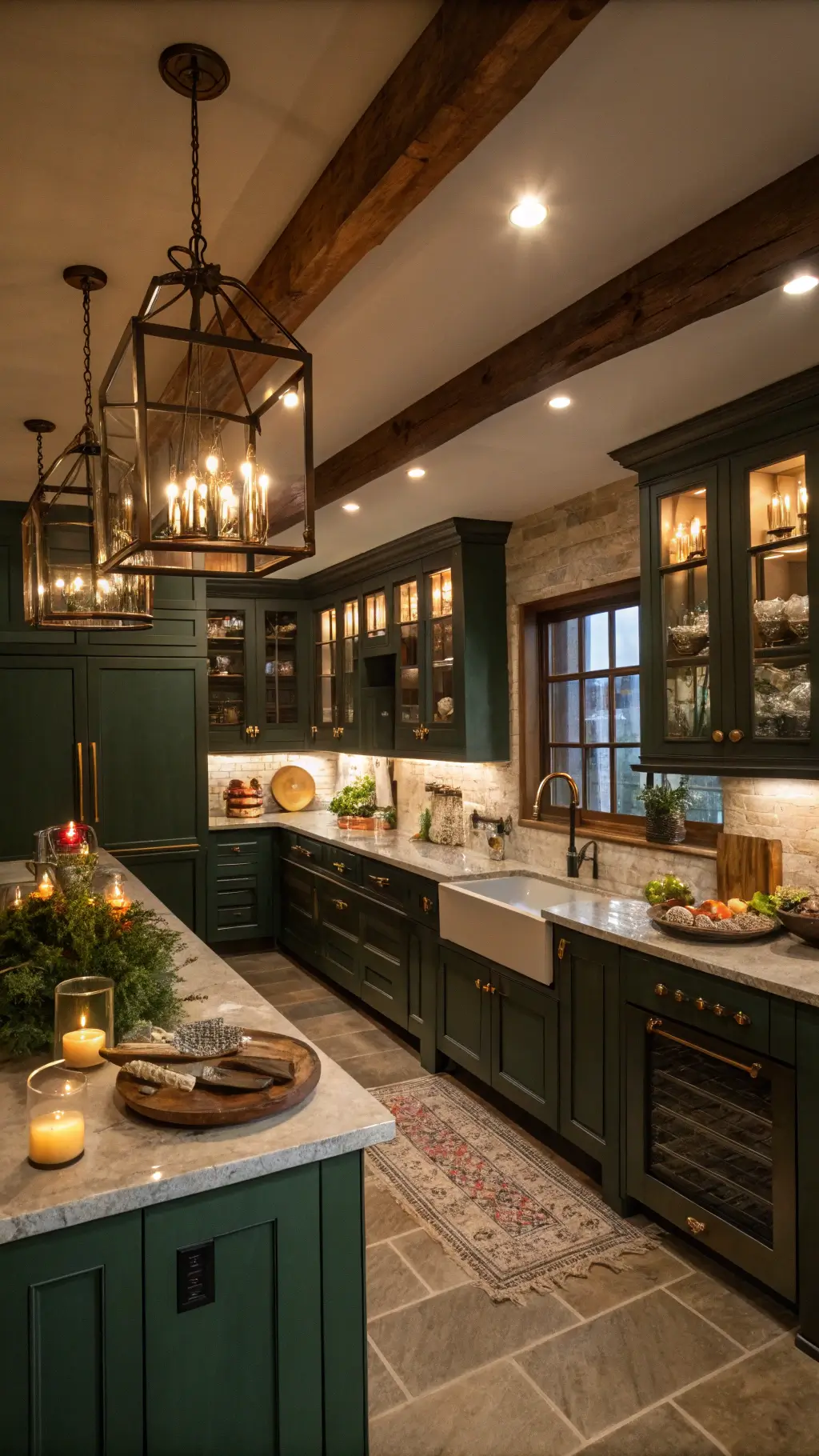 Warmly lit, cozy kitchen with deep green cabinets, brass hardware, walnut accents, and honed soapstone counters. View from family room entrance, showcasing multiple lighting zones including under-cabinet LEDs and pendant clusters. Evening meal preparation details with candles and illuminated glass-front cabinets on display.