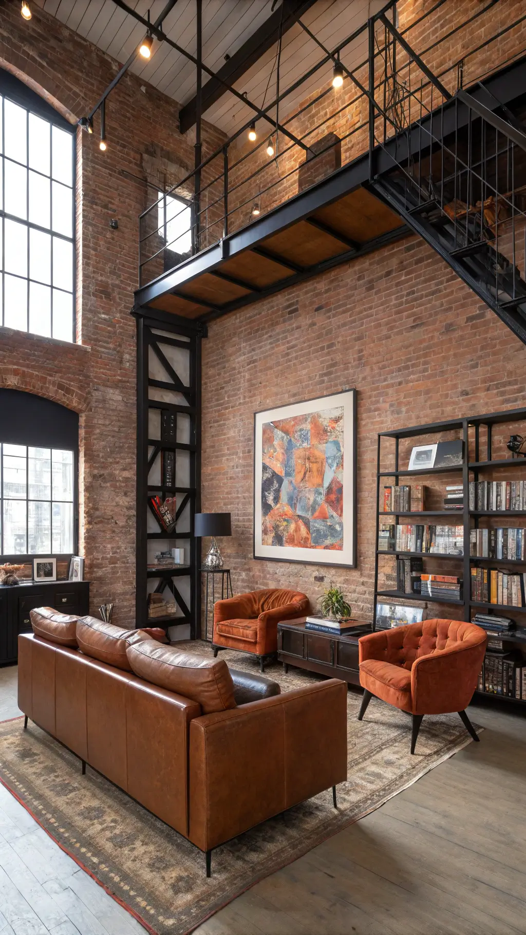 Loft-style living room with high ceilings, exposed brick, mid-century modern leather sofa, orange velvet armchairs, and oversized abstract art, viewed from an elevated angle.