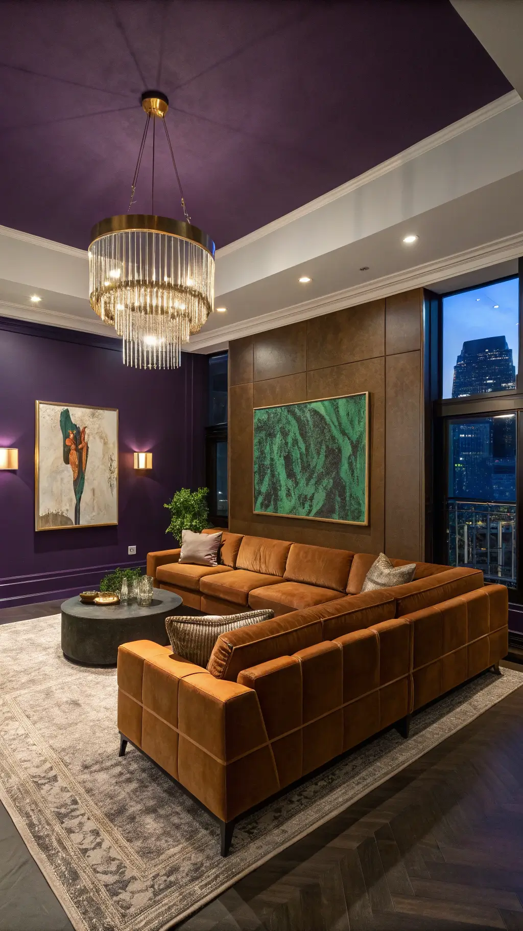 Elevated view of a contemporary 18x22ft living room at dusk with deep royal purple wall, gold-leafed accent wall, warm cognac leather velvet sectional, oversized abstract art, and modern brass chandelier.