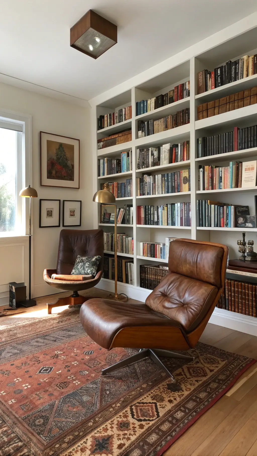 Elegant 15x20ft personal library-inspired living space adorned with a floor-to-ceiling bookshelf, vintage pottery, a mid-century leather reading chair, a brass task lamp, a Persian carpet layered over sisal, and a personal photography gallery displayed in mixed metal frames, captured with an architectural lens in morning light.