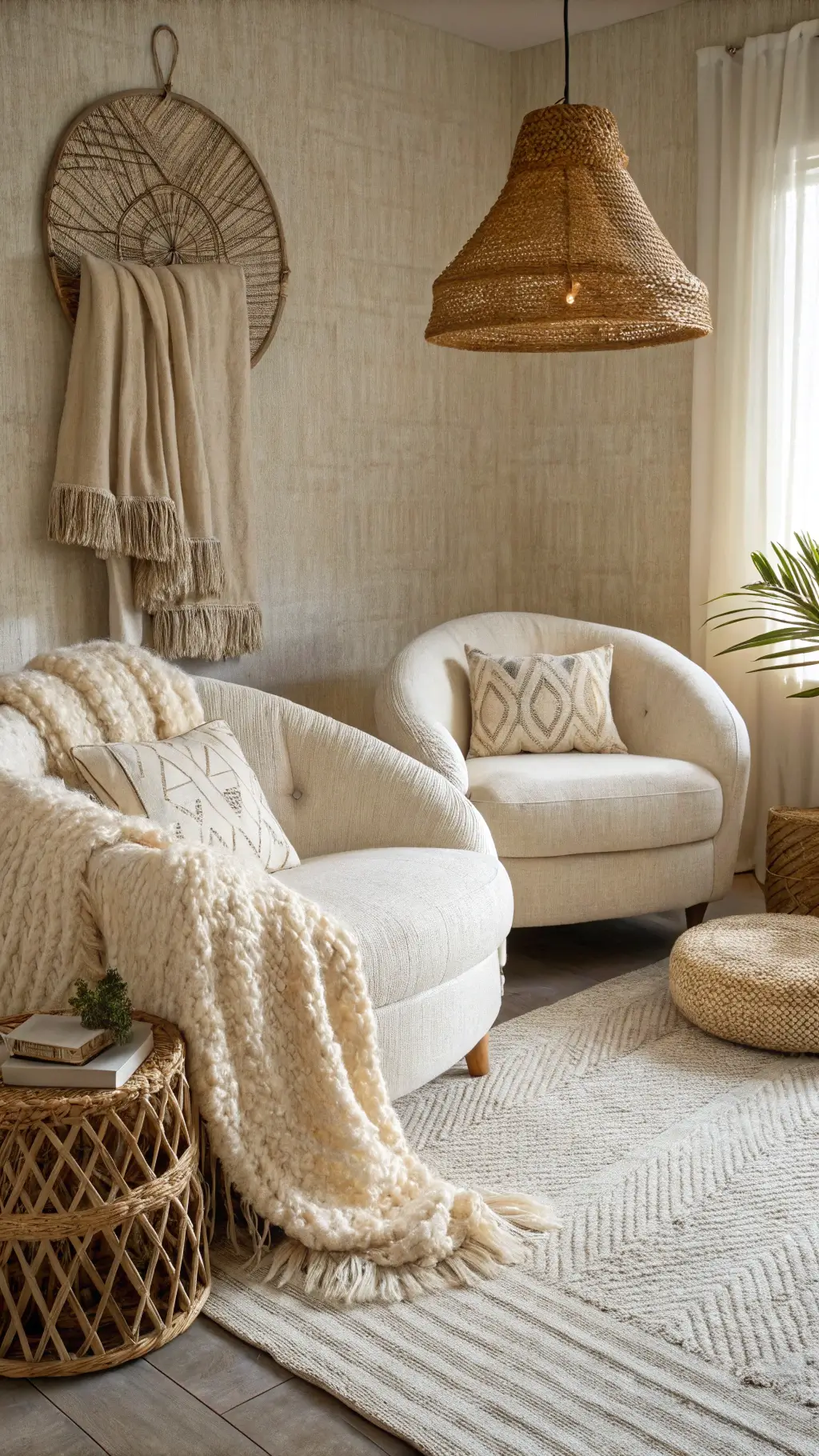 Cozy sitting area featuring cream bouclé armchairs with chunky knit throws, layered rugs, textured wallpaper, and rattan pendant light, highlighted by macro lens detail and low angle view.