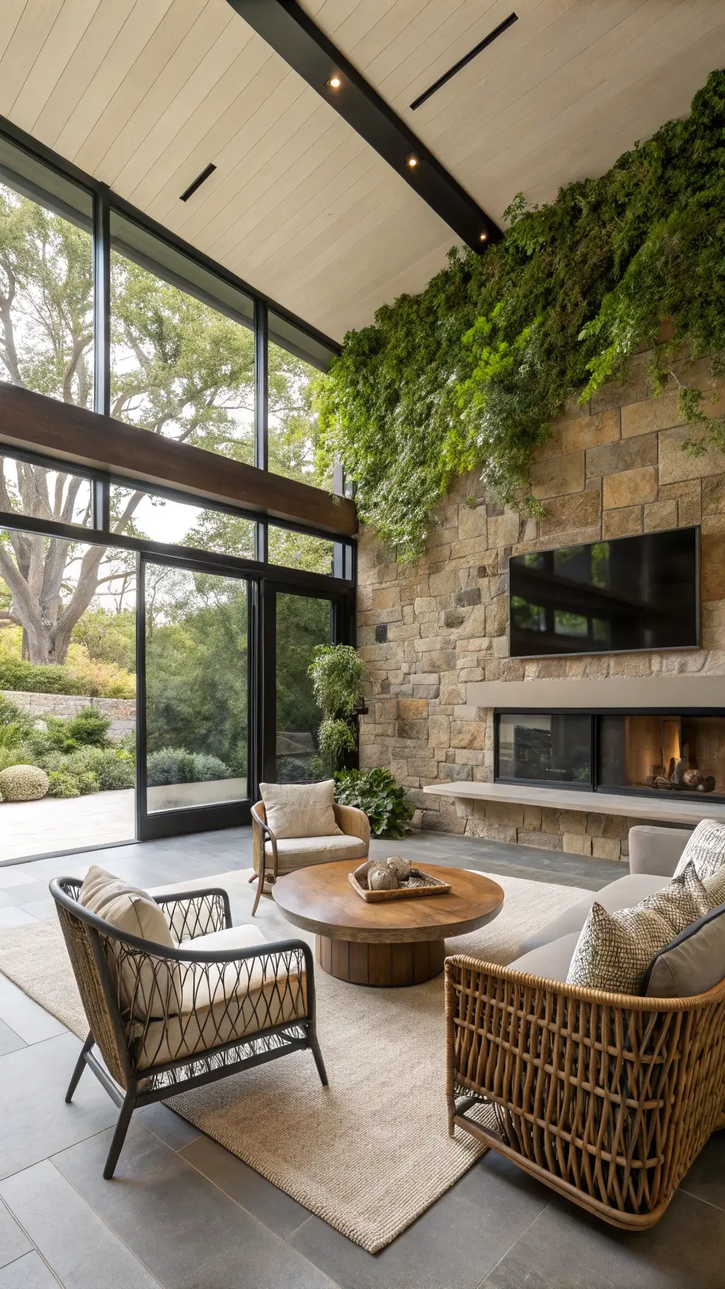 Organic modern great room featuring trailing plants, black steel windows, walnut coffee table, rattan chairs with linen cushions, and natural stone fireplace, showcasing harmony between architecture and nature.