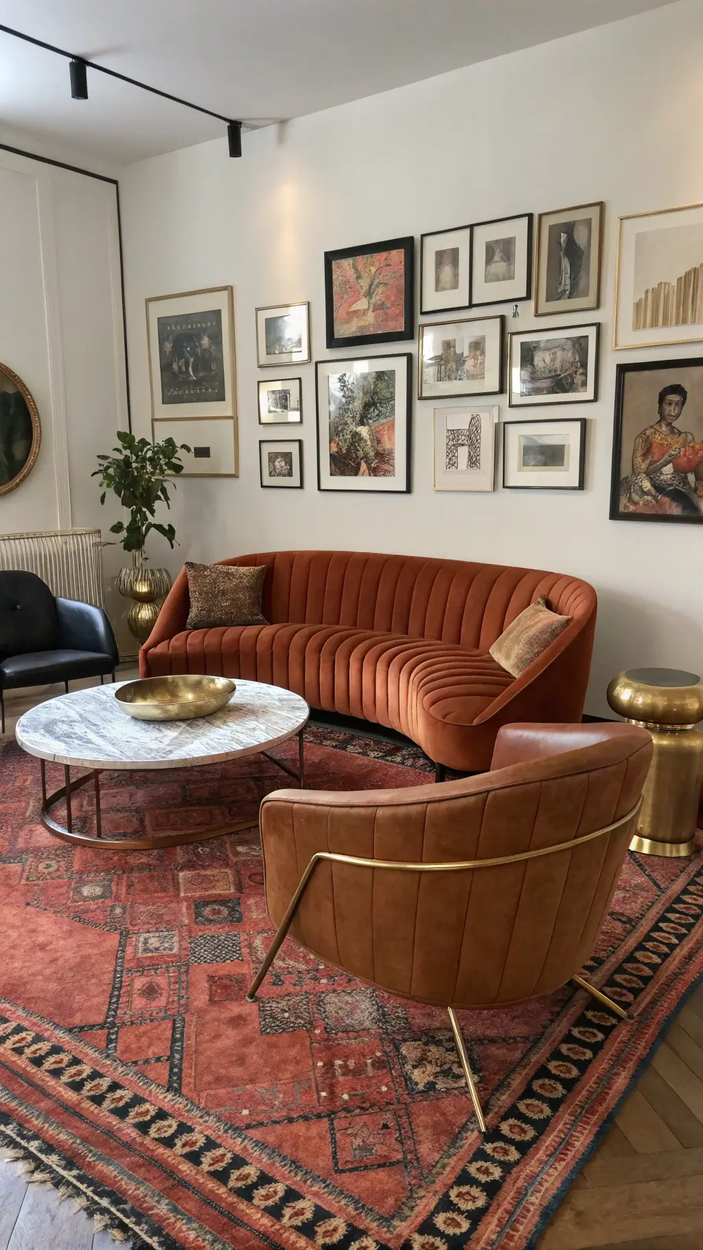 Elevated view of a contemporary 20x22ft living space with asymmetrical furniture arrangement, featuring a Moroccan rug, rust velvet curved sofa, modernist leather chairs, mixed metal accents in brass and copper, and a statement art wall with varied frame styles.
