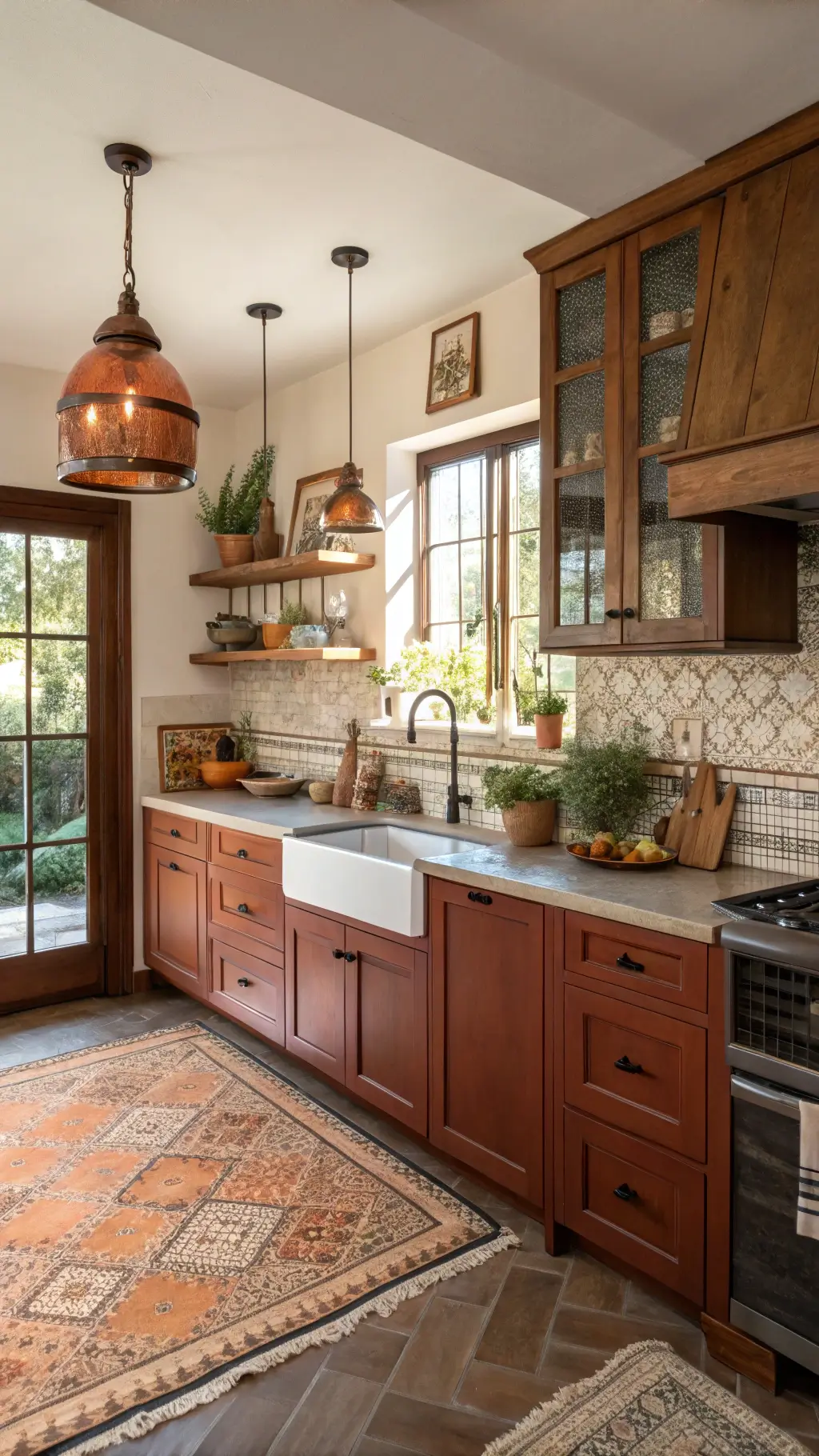 Vintage-inspired kitchen with earth-tone cabinets, terrazzo countertops, and handmade tile backsplash, styled with wooden cutting boards, woven baskets, and macramé wall art, illuminated by warm afternoon light and copper pendant lights.