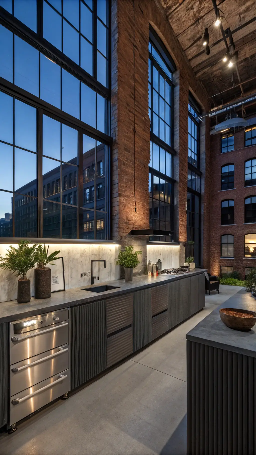 Overhead view of an urban loft kitchen with large industrial windows, textured charcoal cabinets, exposed brick walls, stainless steel appliances, concrete counters, and blackened steel accents, styled with modern art, and plants, in deep charcoal, rusty brick, cool grey and silver palette during blue hour.