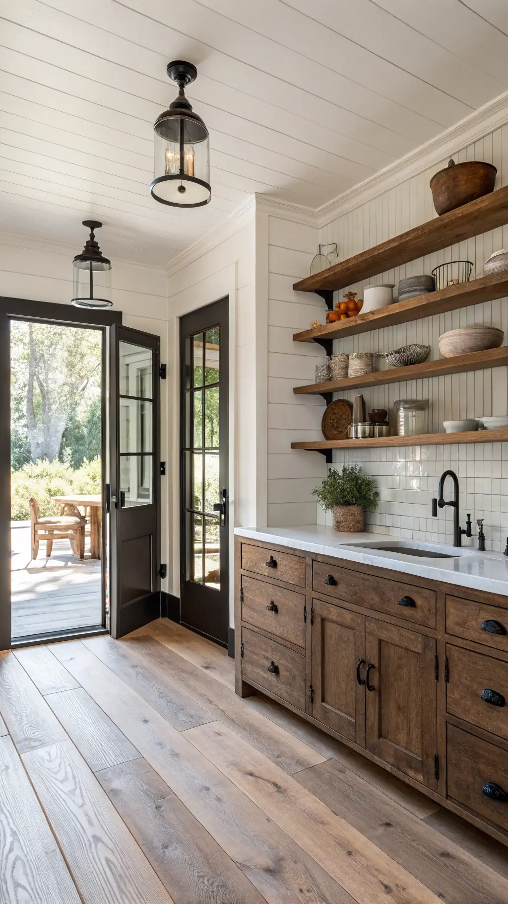 Country-style kitchen with modern dark oak cabinets, white shiplap walls, reclaimed wood open shelves with pottery, pine flooring, and vintage pendants, bathed in morning light.