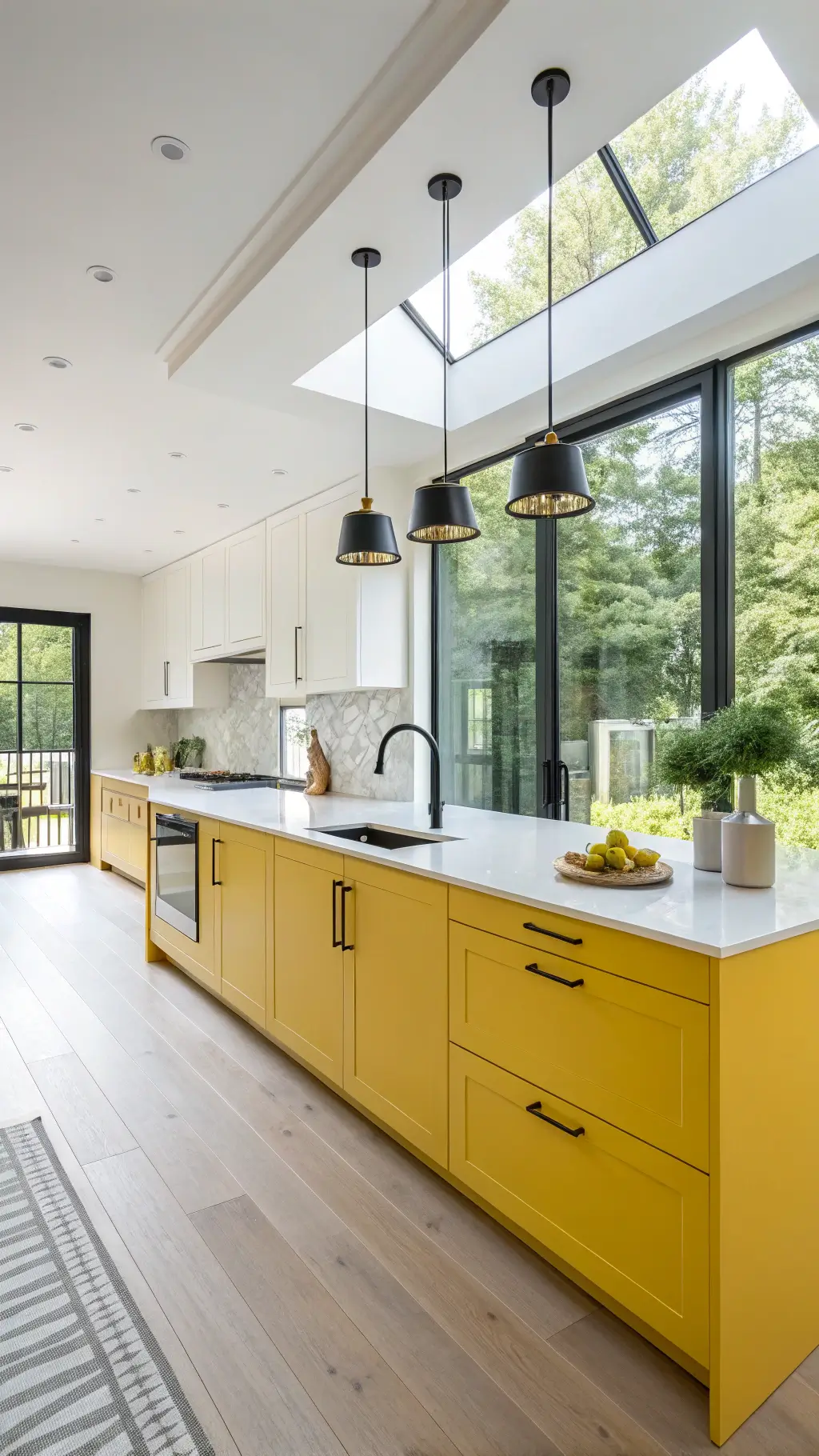 Contemporary kitchen with lemon yellow flat-panel cabinets, white quartz countertops, black hardware, gold pendant lights over a waterfall island, and white oak flooring, filled with natural morning light.