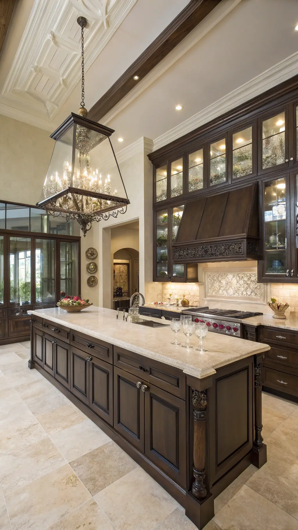 Spacious chef's kitchen with high ceilings, double-height espresso cabinets, Wolf range with bronze hood, and a Calacatta gold island with waterfall edges, professionally lit to emphasize natural ambience.