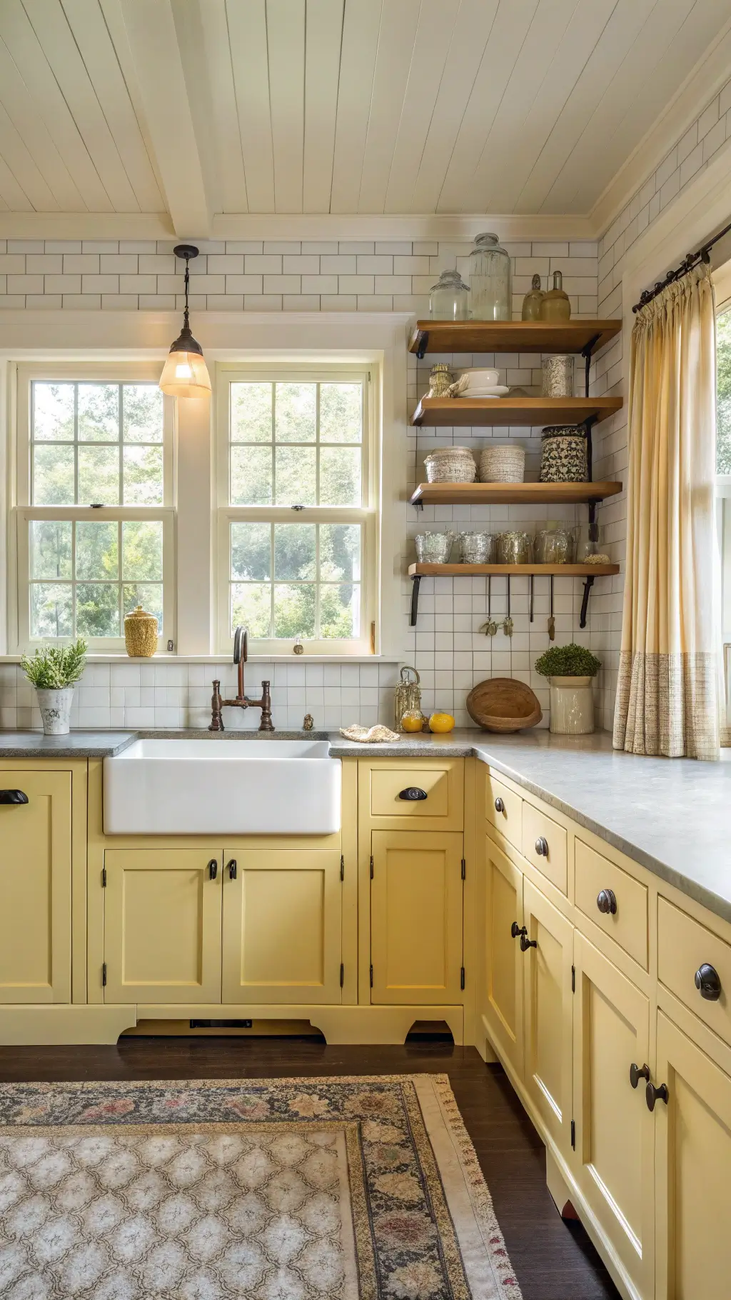 Cozy farmhouse kitchen with vintage-style buttercream yellow cabinets, soapstone counters, white subway tile backsplash, and antique brass hardware bathed in golden afternoon light streaming through cafe curtains