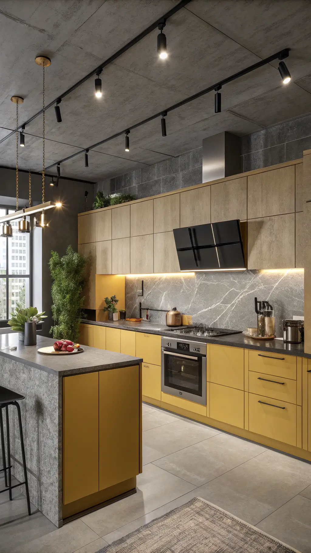 Evening view of a modern luxury kitchen featuring honey-toned yellow cabinets, a concrete-look backsplash, stainless appliances, a marble waterfall island, track lighting, and stylish accessories including copper cookware and greenery.