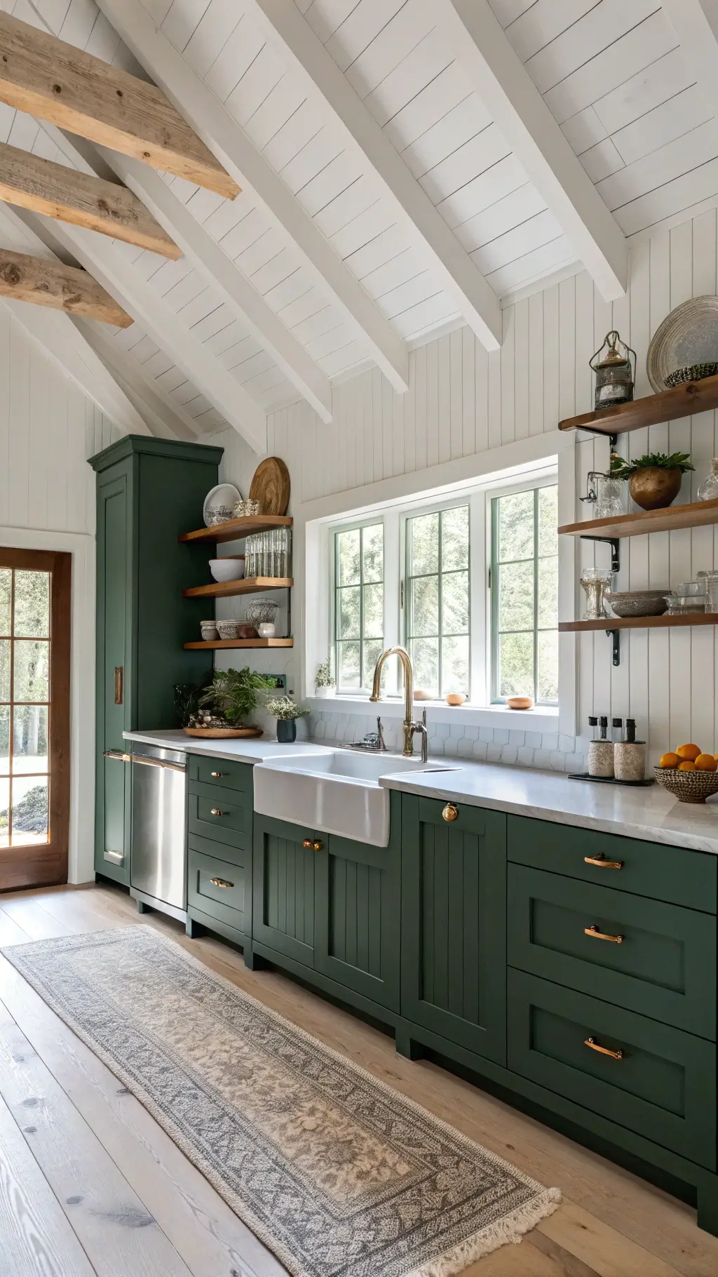 Modern farmhouse kitchen with hunter green cabinets, cathedral ceiling with whitewashed wooden beams, mixed metal accents and white oak open shelving displaying pottery, bathed in late morning light.