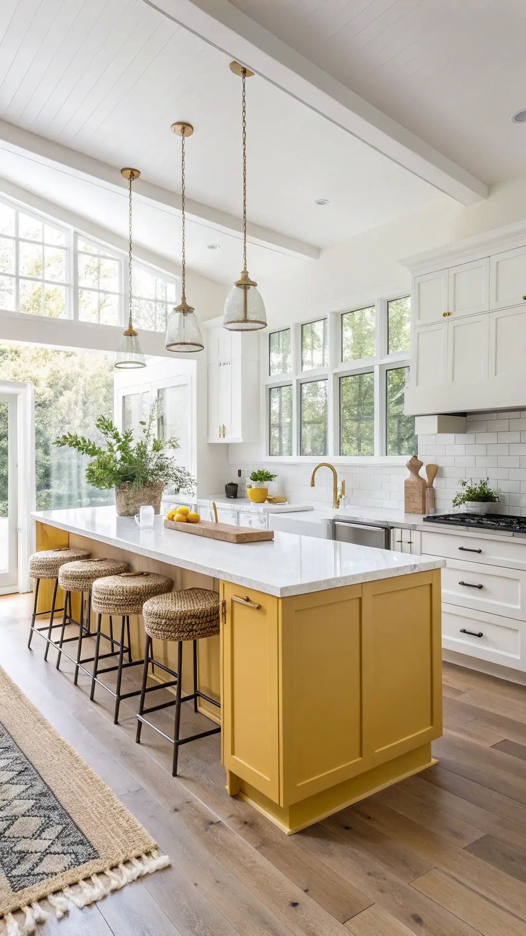 Bright kitchen with Golden Hour yellow lower cabinets, white upper cabinets, and white marble countertops. Morning light rays through large windows, highlighting brass fixtures and center island with contemporary barstools. The room's layout showcased from an elevated angle with details like white oak open shelving, woven baskets, and potted herbs.