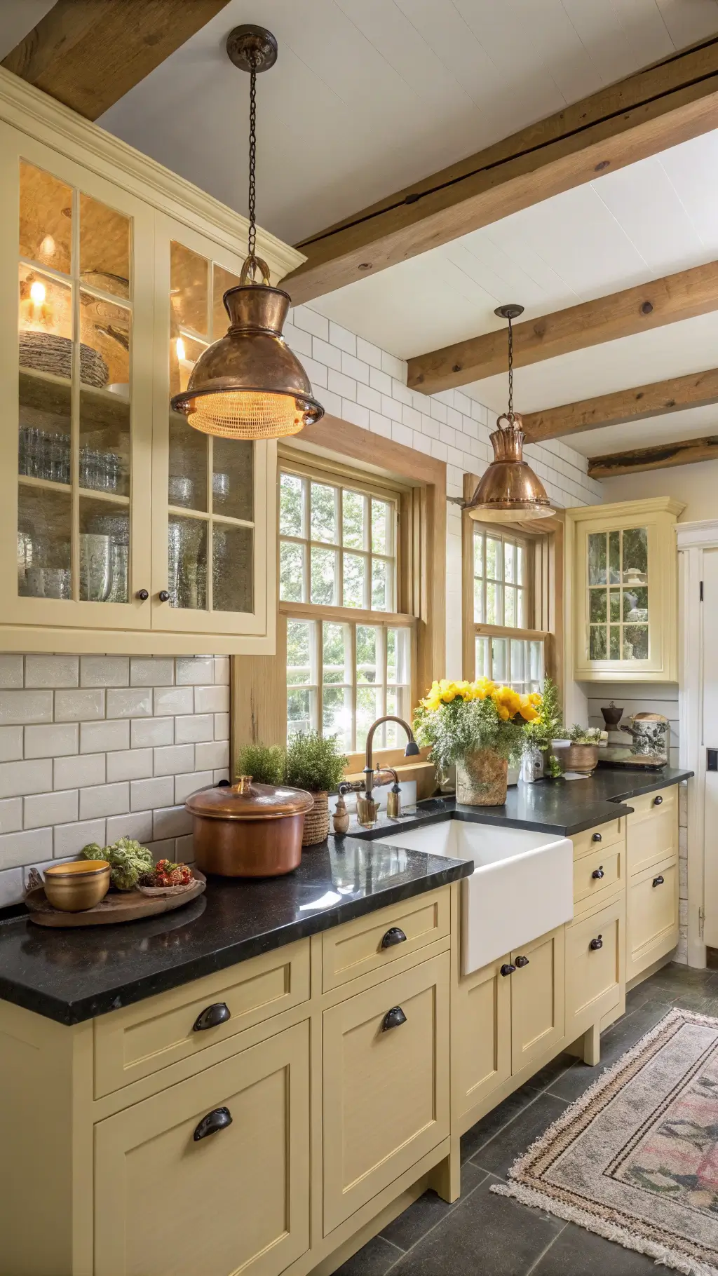 Cozy cottage kitchen with butter-yellow cabinets, black soapstone counters, white subway tile backsplash, and vintage pendant lights. Decor includes pottery, copper cookware, and fresh flowers in rustic vessels. Touched by afternoon light through garden windows.