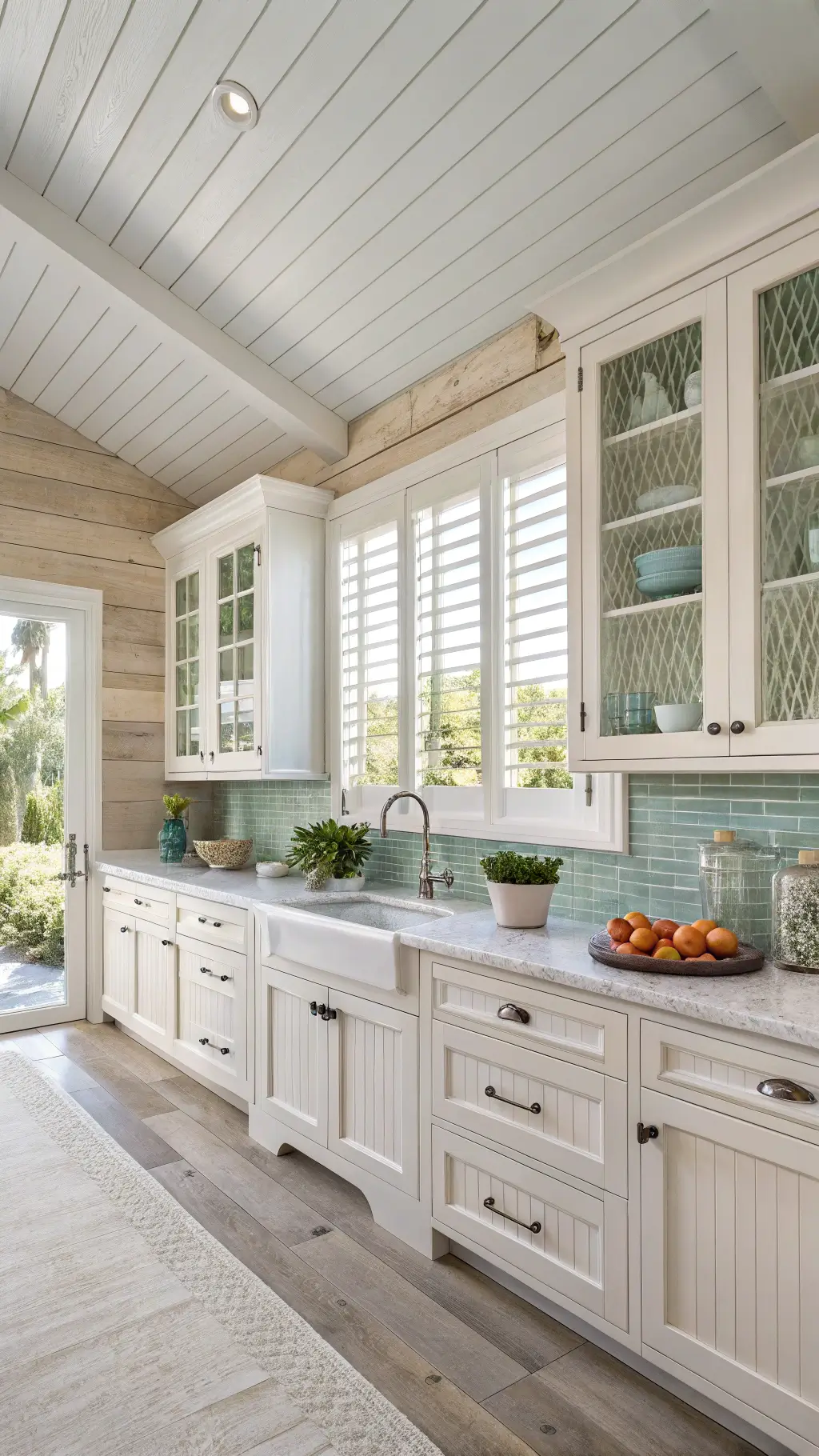 Coastal casual kitchen with white oak cabinets, pale blue backsplash, and accessories inspired by the seaside, lit by morning light through plantation shutters.
