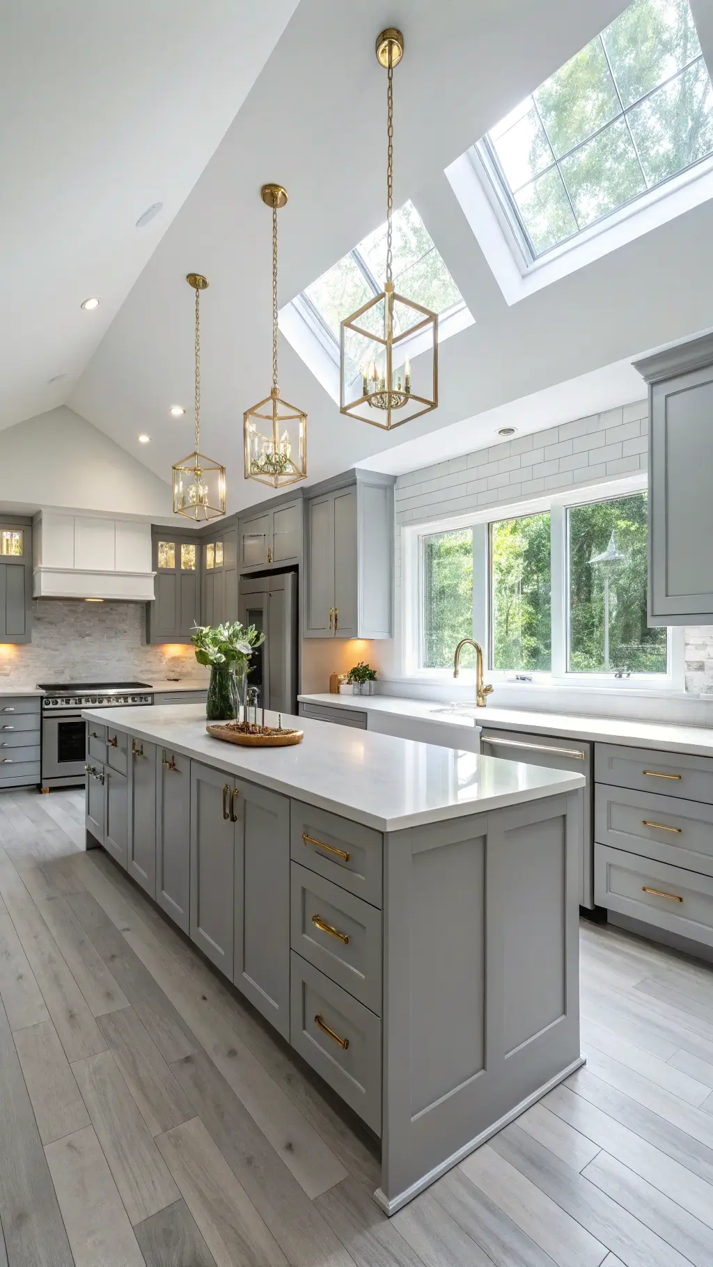 Sunlit modern kitchen with grey cabinets, white quartz countertop island, brushed brass hardware, and white oak flooring