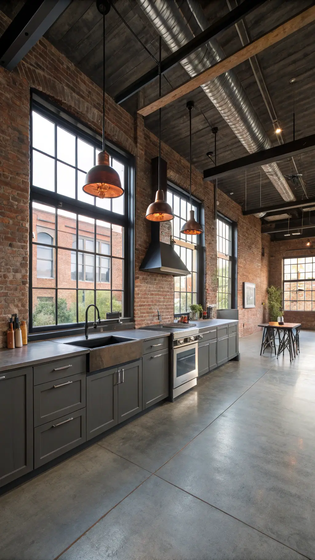 Spacious industrial chic loft kitchen with exposed brick walls, steel beams, and factory-style windows, featuring grey flat-panel cabinets, matte black hardware, concrete countertops, and stainless steel appliances, accented by vintage aged copper pendants.