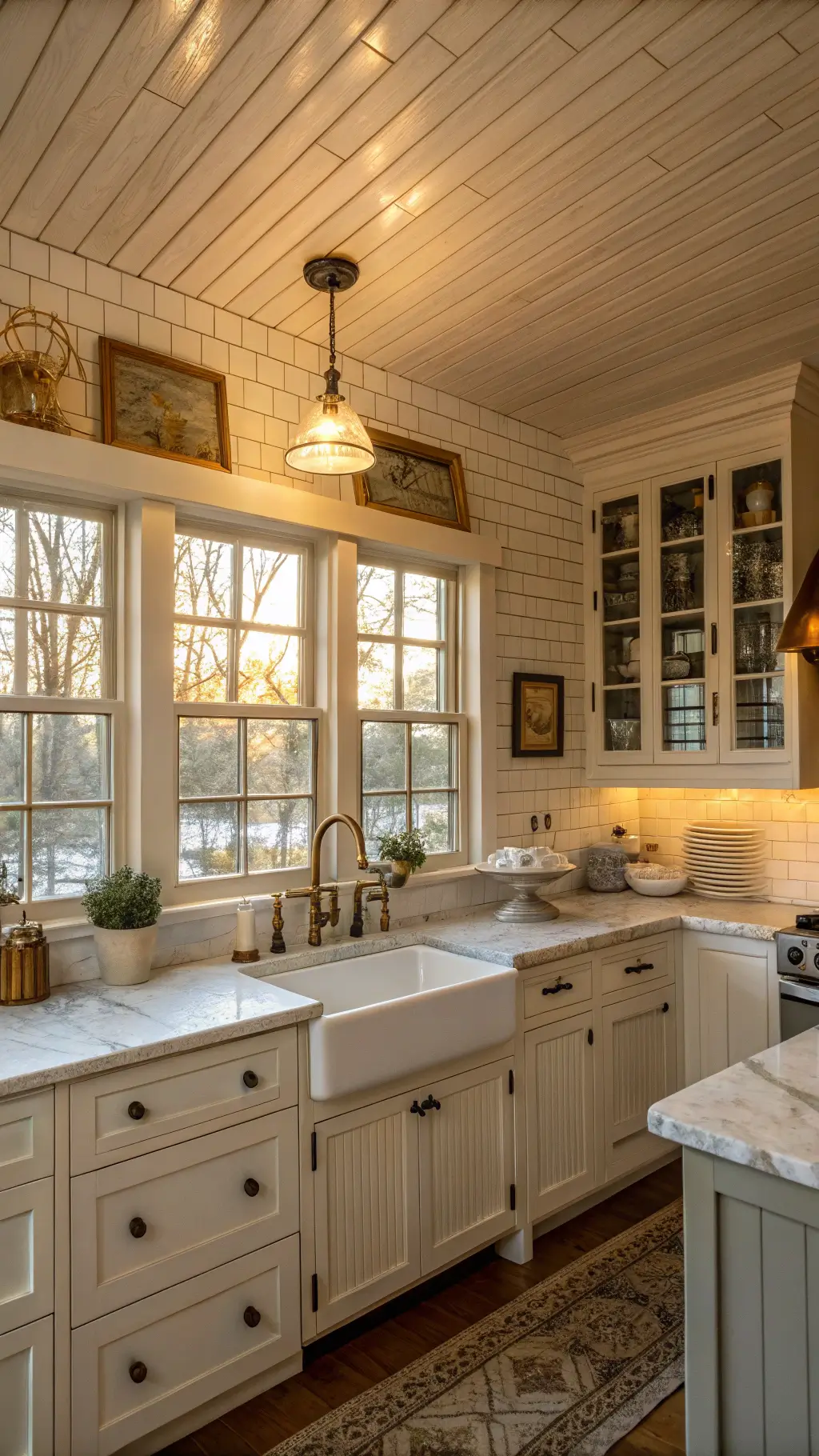 Cozy farmhouse-style kitchen with grey cabinets, marble countertops, vintage dishware, a farmhouse sink, and bronze fixtures, bathed in warm golden hour light.