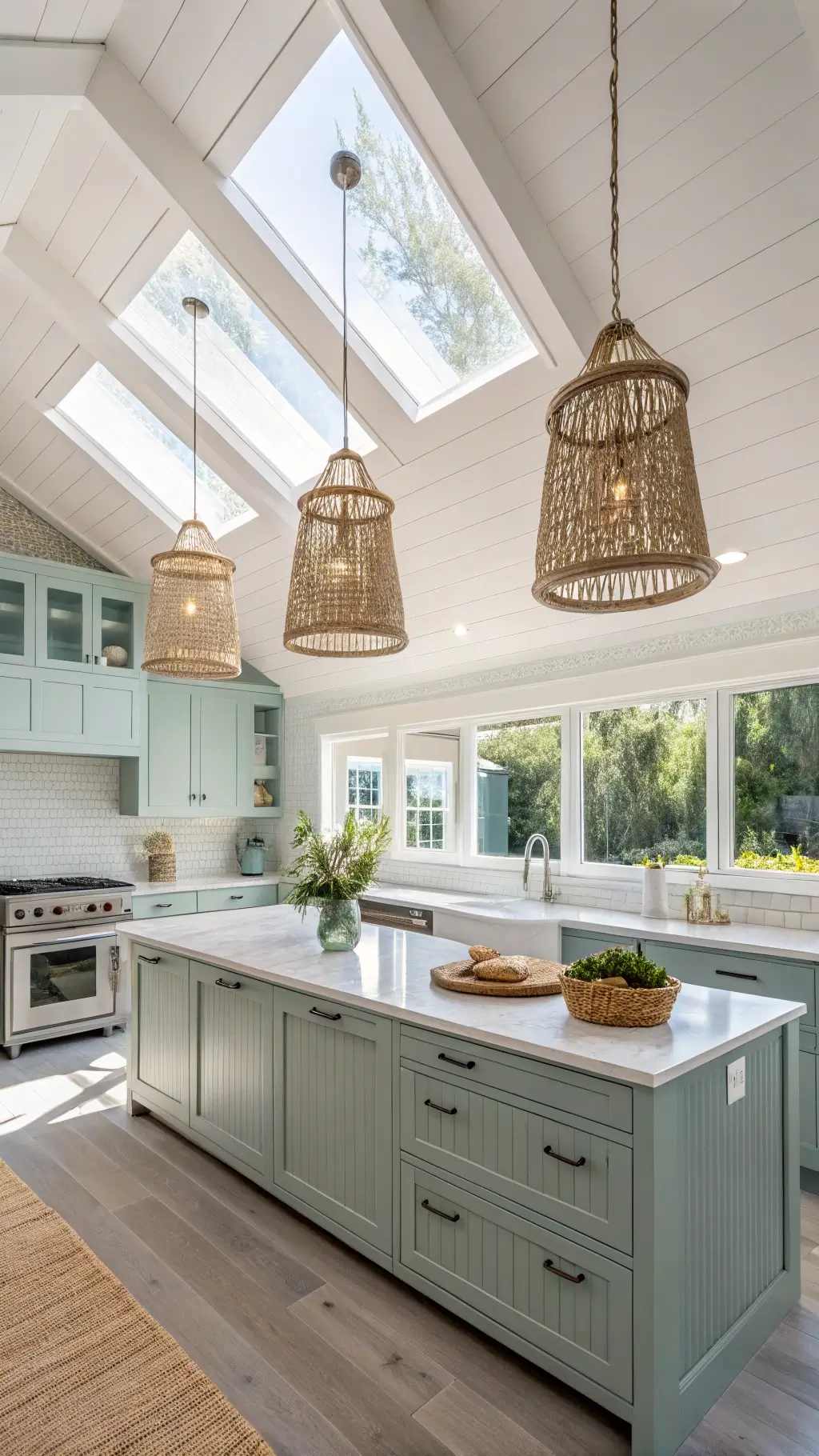Bright and airy coastal grey kitchen with vaulted ceiling, skylights, sea-grey beadboard cabinets, white quartz counters, seafoam glass tile backsplash, and rattan pendant lights