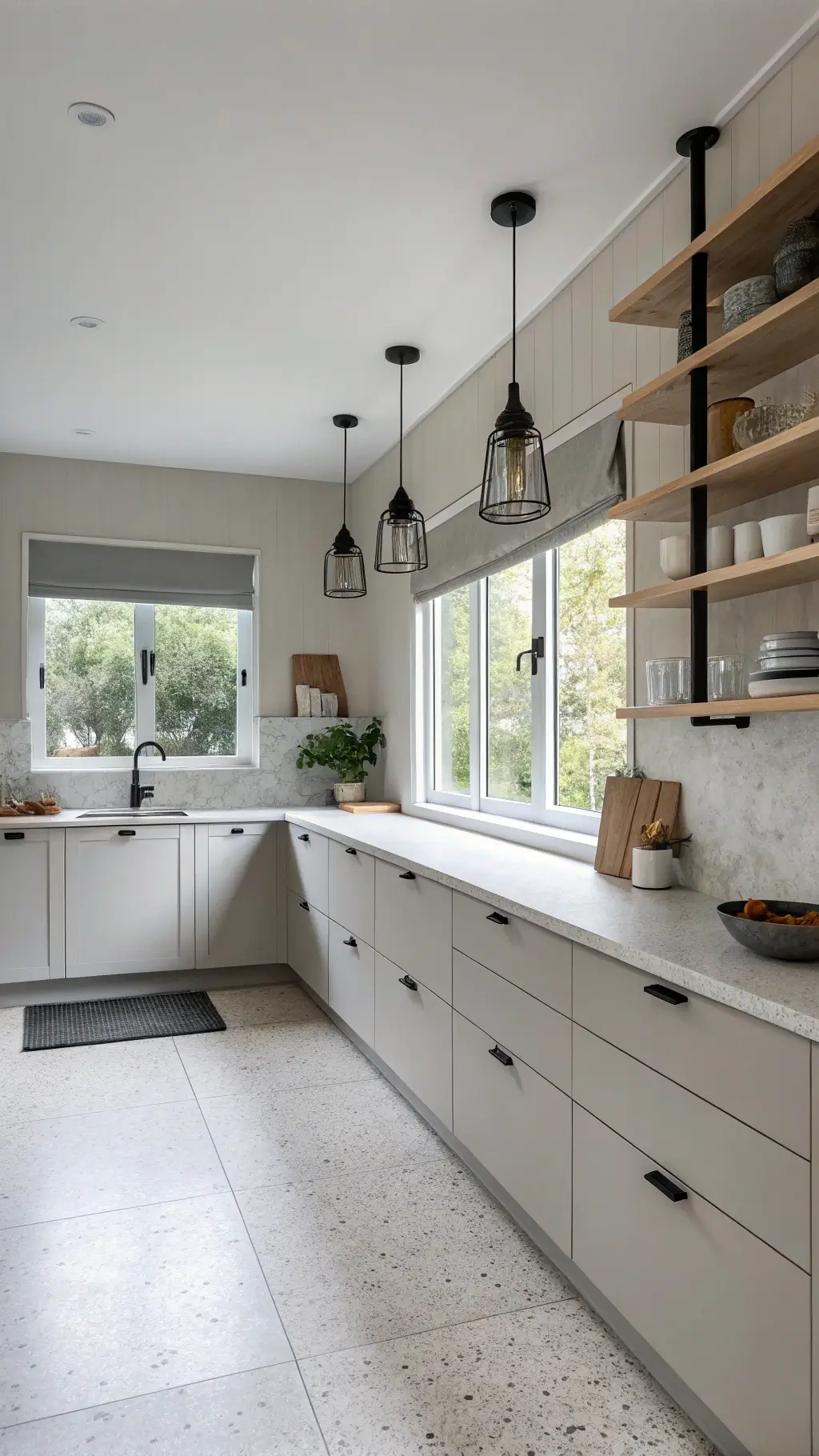 Scandinavian styled grey kitchen with clean lines, pale grey cabinets, white concrete counters, black matte fixtures, and terrazzo flooring illuminated by winter morning light