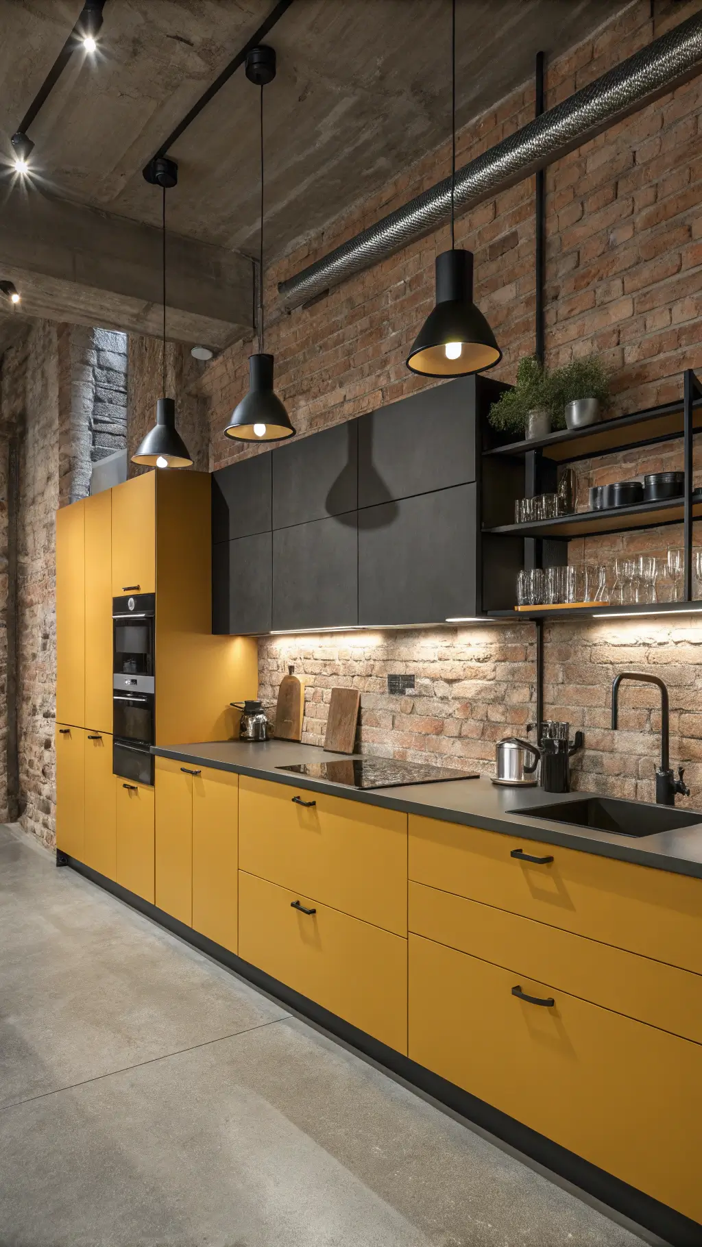 Industrial-modern kitchen with butterscotch yellow cabinets, concrete countertops, stainless steel accents, black pendant fixtures, and dark wood floating shelves against exposed brick walls in dramatic evening lighting