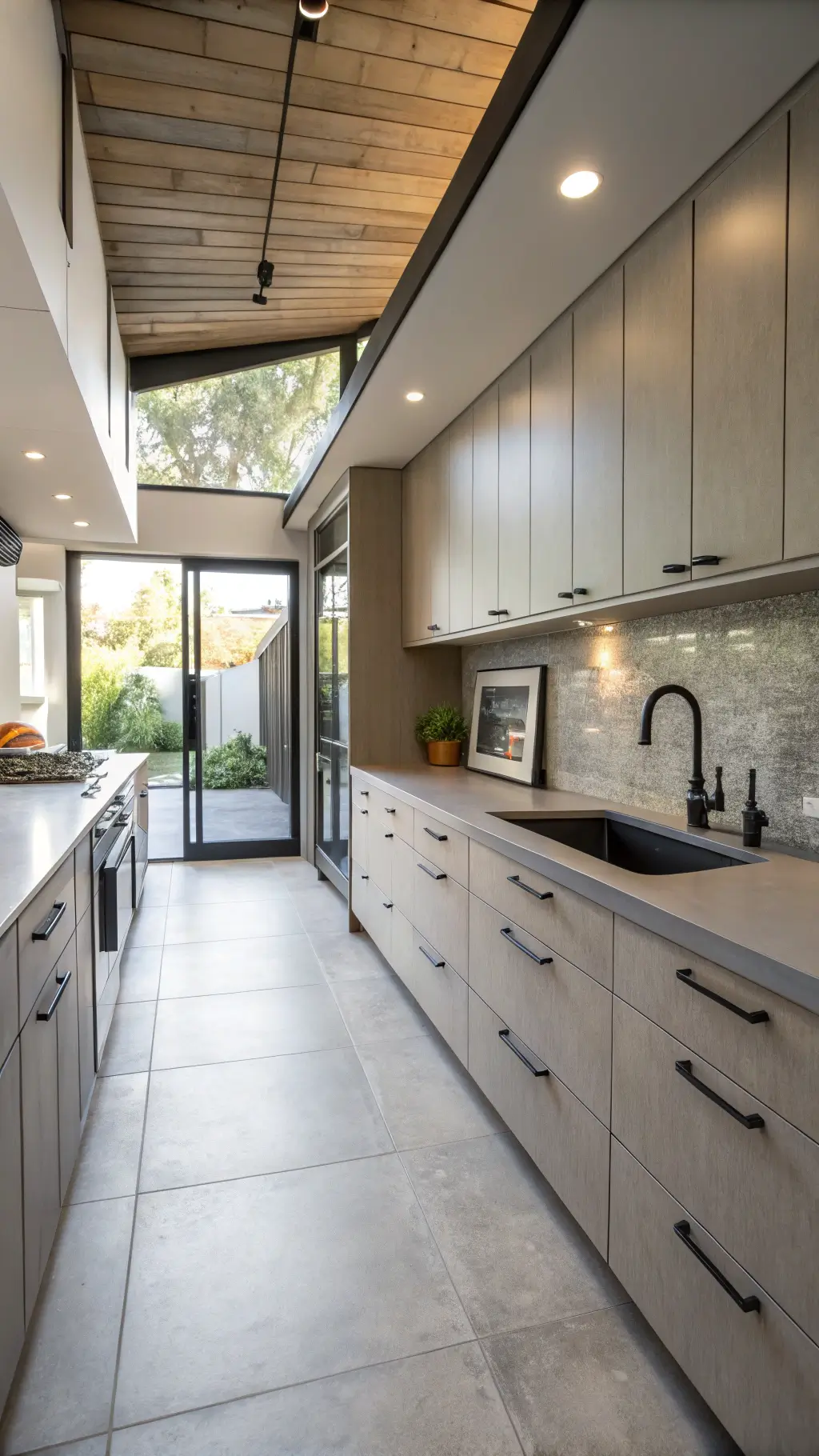 Modern galley kitchen with gray taupe handleless cabinets, concrete countertops, matte black fixtures, floor-to-ceiling storage, microcement surfaces, and large-format porcelain tiles. Decorated minimally with geometric sculptures and monochromatic art.