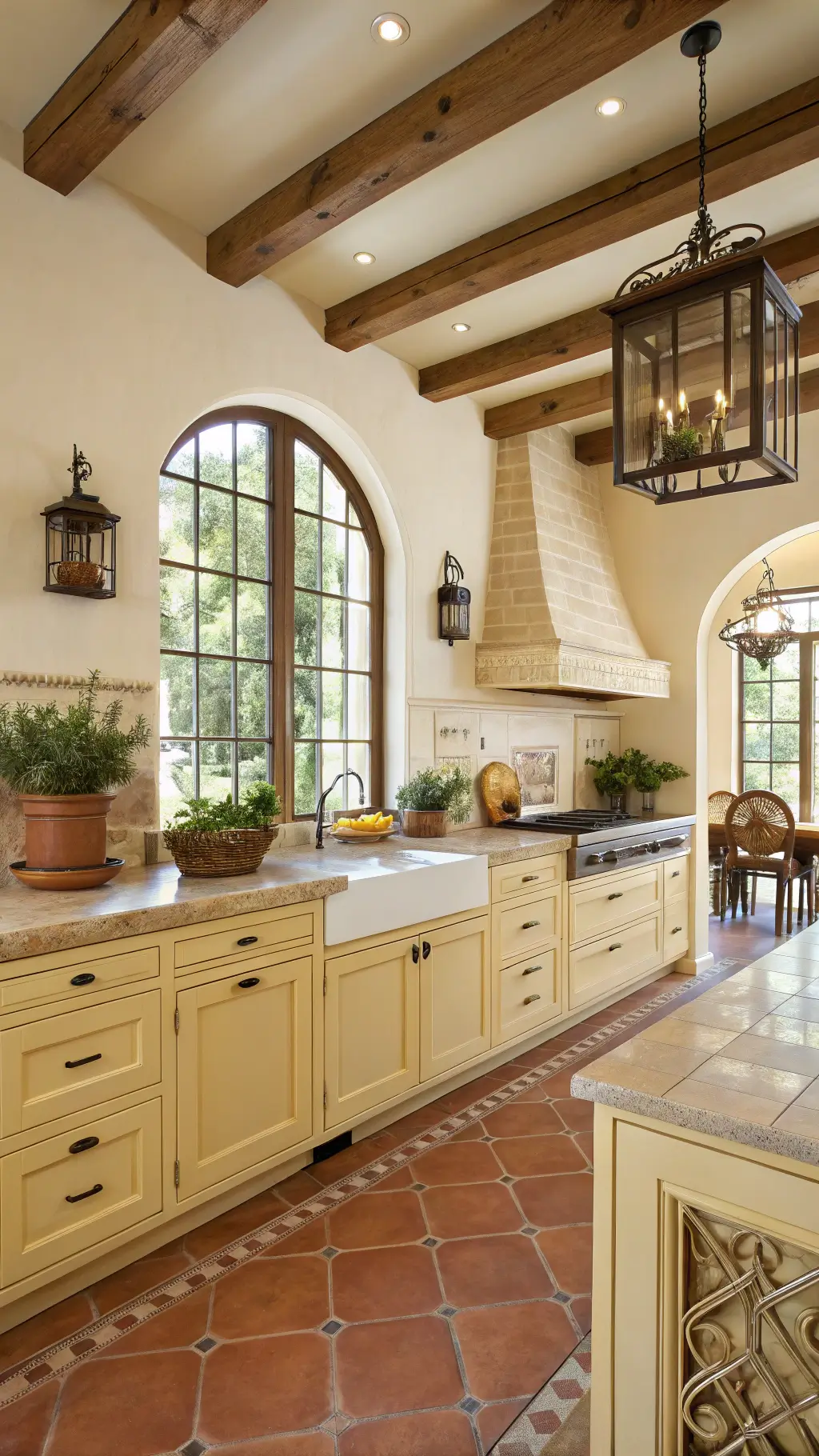 Straight-on shot of a Mediterranean-inspired kitchen featuring soft yellow cabinets, terracotta floor tiles, cream limestone counters, hand-painted tile backsplash, wooden ceiling beams, wrought iron hardware, surrounded by arched windows with natural light.
