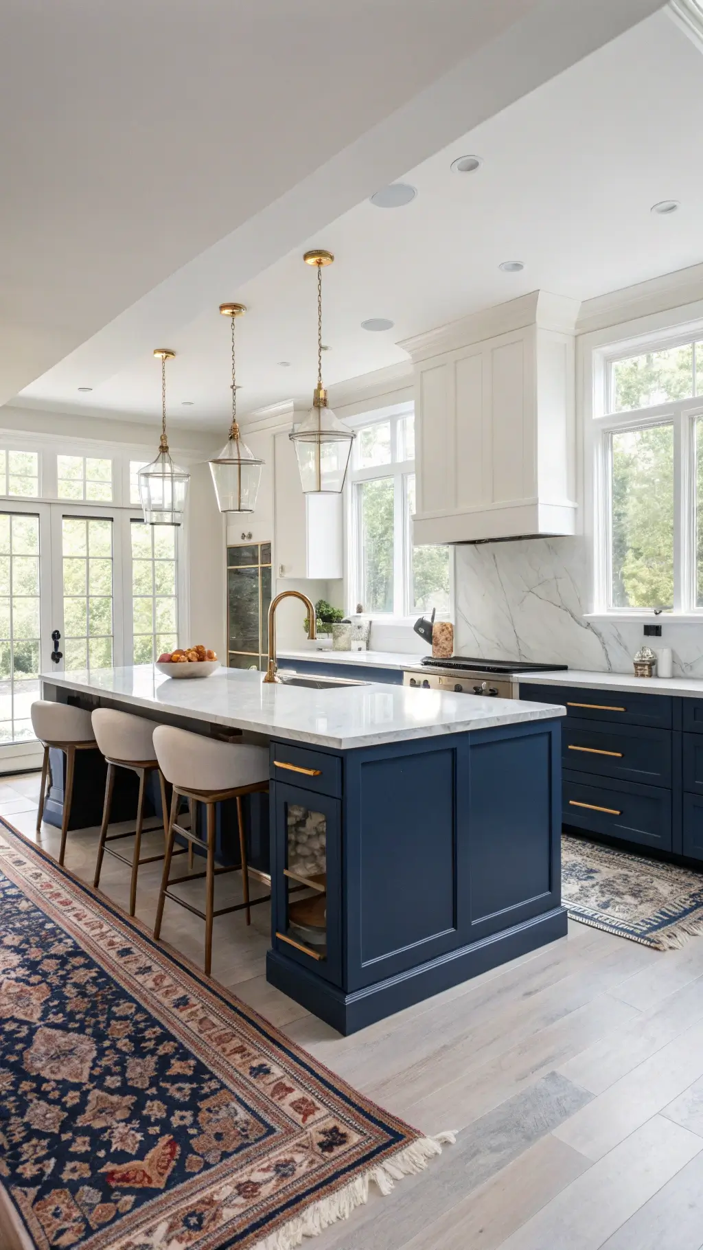 Spacious kitchen with navy blue cabinets, white Carrara marble countertops, waterfall-edged island with barstools, Persian rug on oak flooring, and professional stainless steel appliances, bathed in morning light through floor-to-ceiling windows.