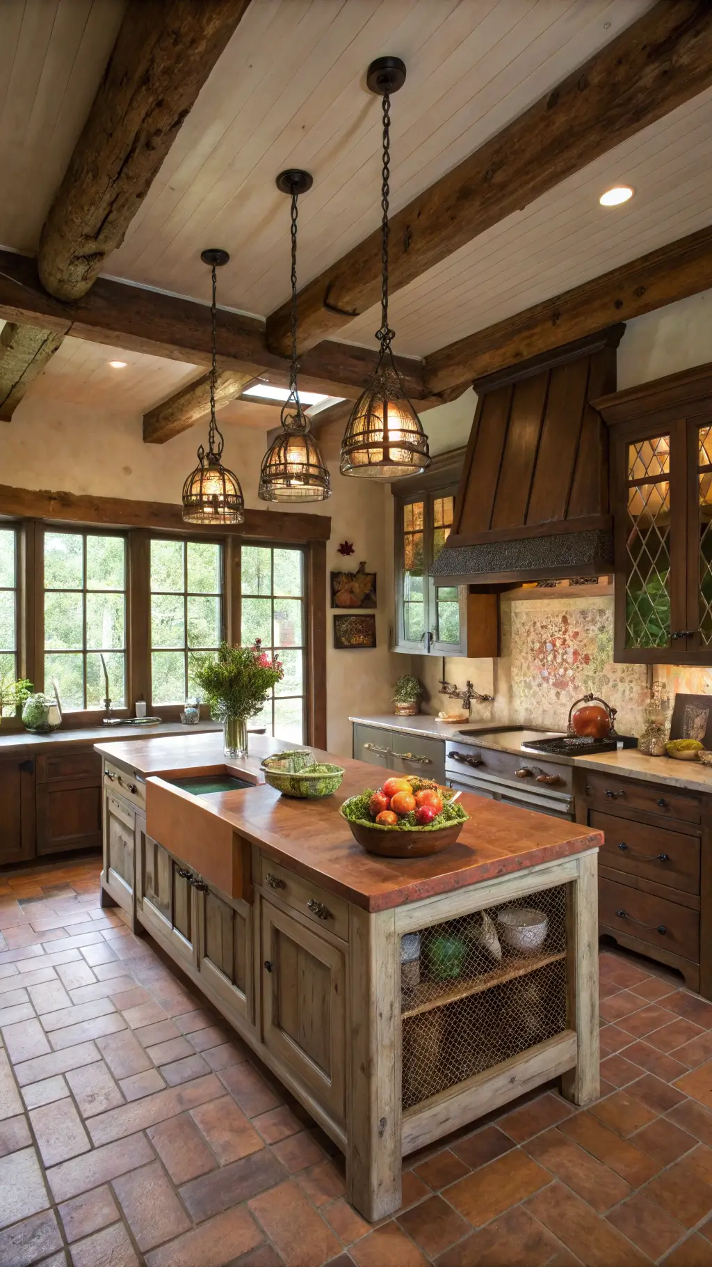 A 16x22ft rustic farmhouse kitchen featuring exposed wooden beams, distressed walnut cabinets with chicken wire inserts, a butcher block island centerpiece, and vintage pendant lights. A widely shot image highlights a terracotta tile floor, copper cookware, vintage scales, a mason jar collection, and fresh wildflowers. The colors primarily include aged walnut, warm whites, copper tones, and sage green accents.
