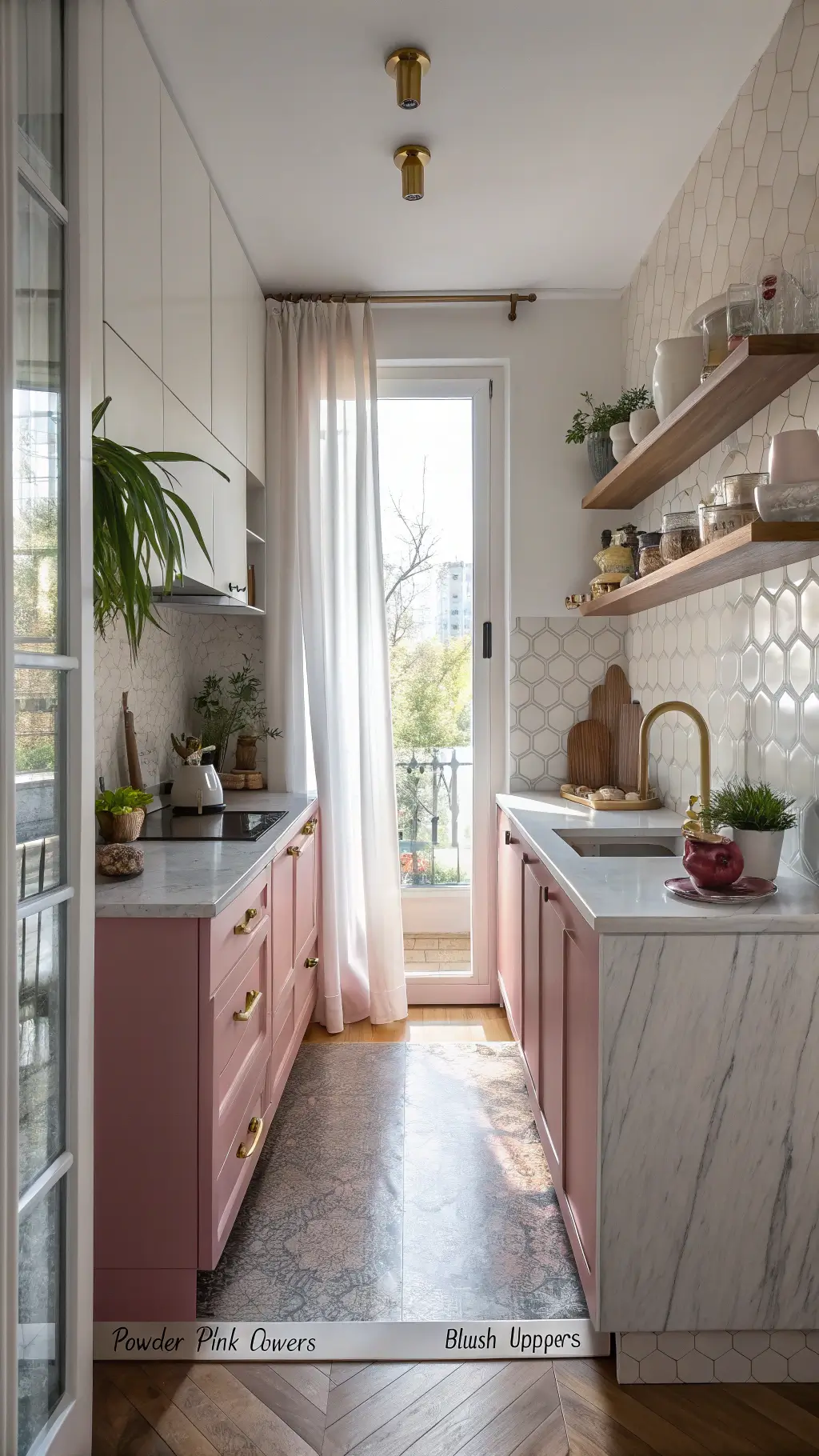 Compact urban kitchen with two-tone pink cabinets, brass hardware, floating walnut shelves, and hexagonal marble backsplash, styled with ceramics, books and potted herbs, bathed in natural afternoon light.