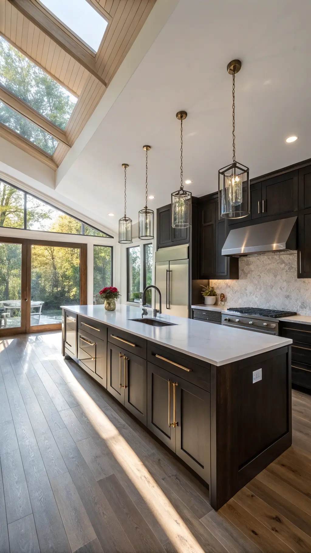 Modern open-concept kitchen with black-stained oak cabinets, white quartz countertops, center island with waterfall edges, stainless steel appliances, and floor-to-ceiling windows letting in early morning sunlight.