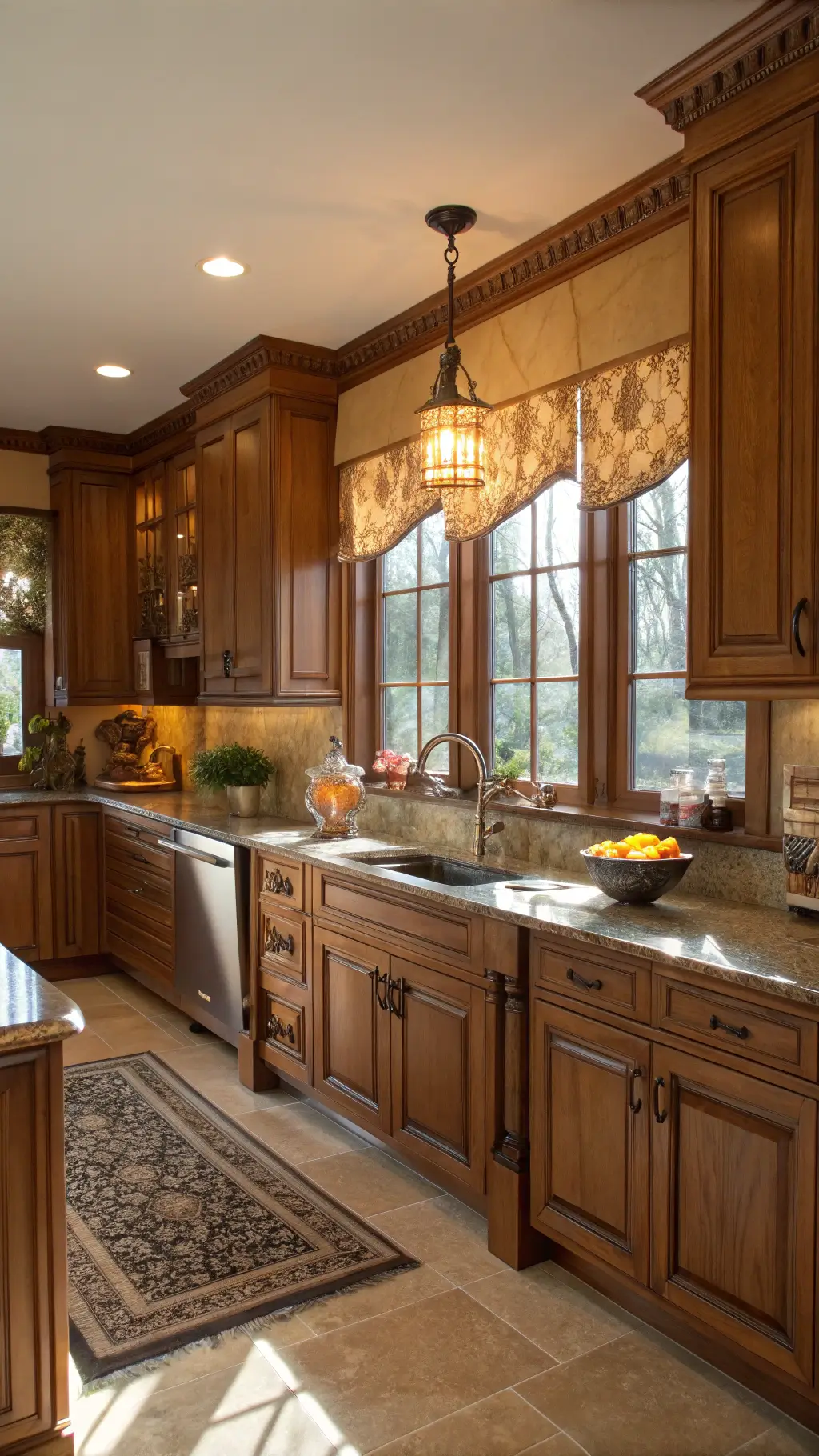 Classic kitchen with honey oak raised panel cabinets, antique brass hardware, Baltic brown granite countertops, Persian runner, and copper cookware bathed in warm golden hour light filtering through Roman shades