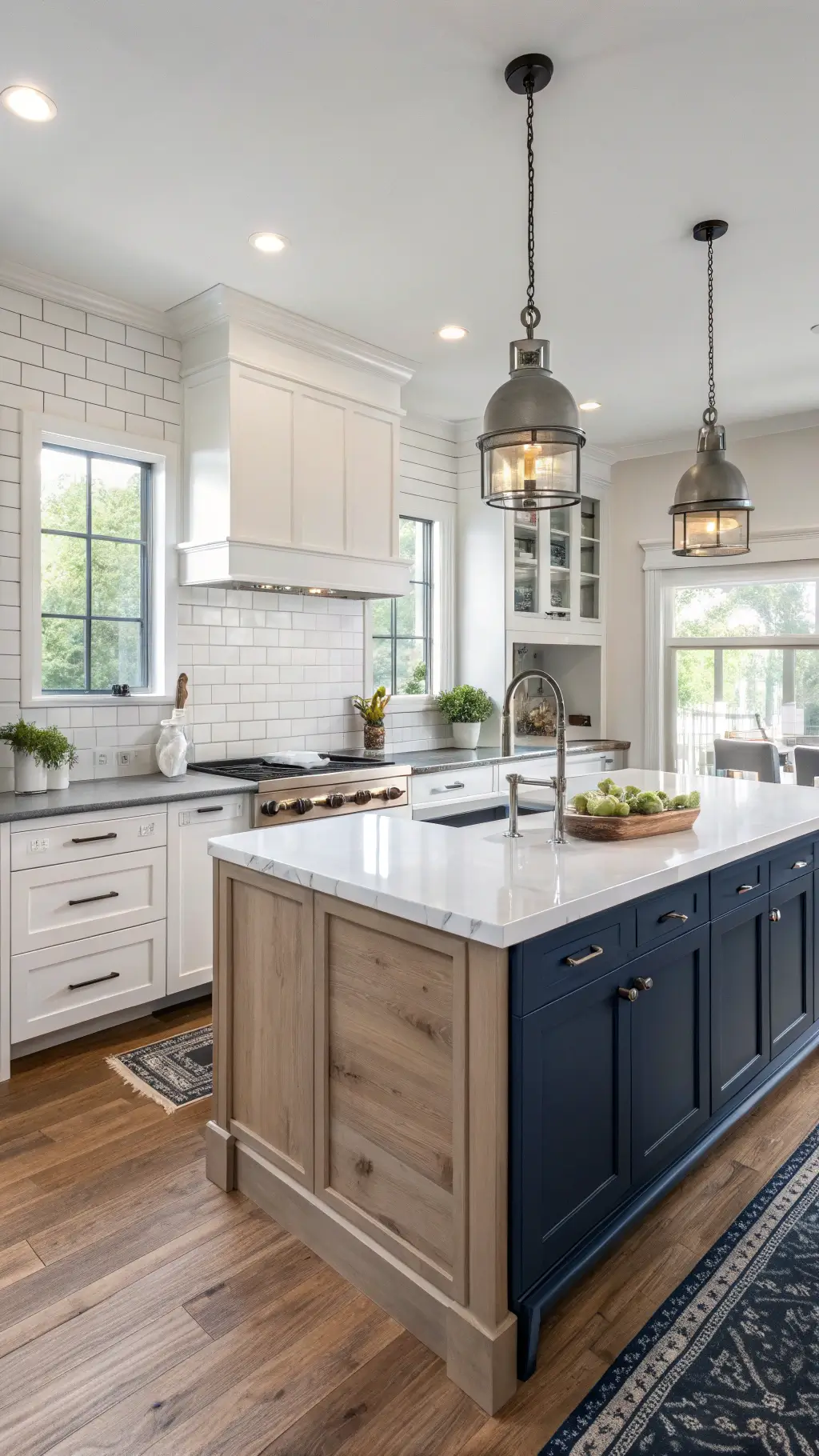 Medium shot of a clean, sophisticated transitional kitchen with Shaker style white oak cabinets, satin nickel pulls, navy blue island with butcher block top, subway tile backsplash, and a farmhouse sink under midday diffused light.