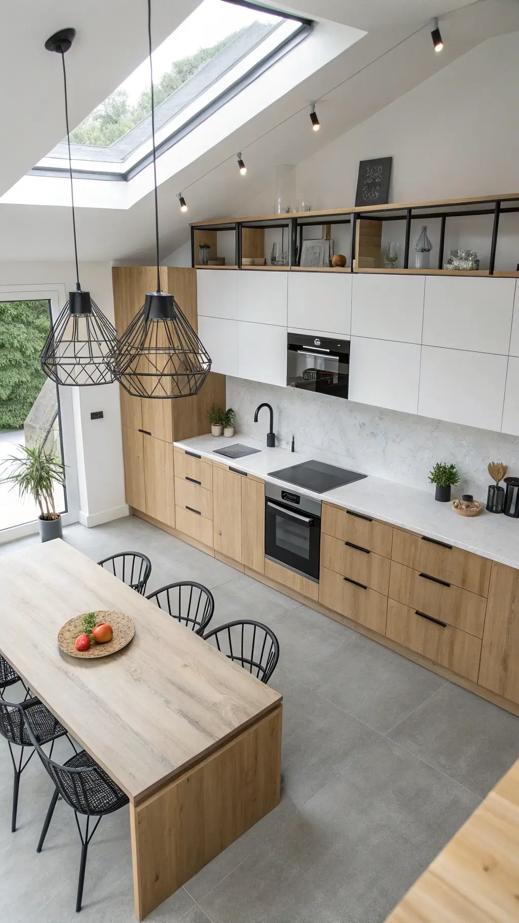 Bird's eye view of a serene and simple modern Nordic kitchen featuring white oak cabinets, concrete countertops, open shelving, black metal accents and a Scandinavian-style dining nook under geometric pendant lights.