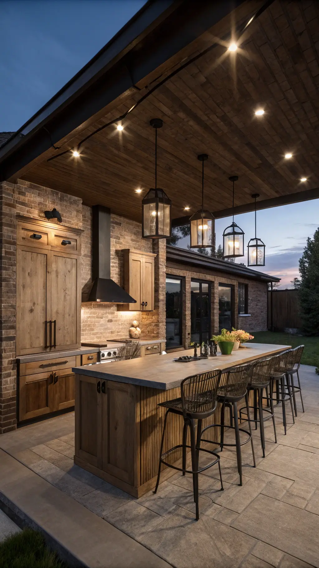 Eye-level view of a 14x16ft rustic contemporary fusion kitchen with driftwood finish oak cabinets, live-edge wood island and industrial-style barstools against an exposed brick wall, under vintage-inspired lighting and shot from dining area in dramatic dusk lighting.