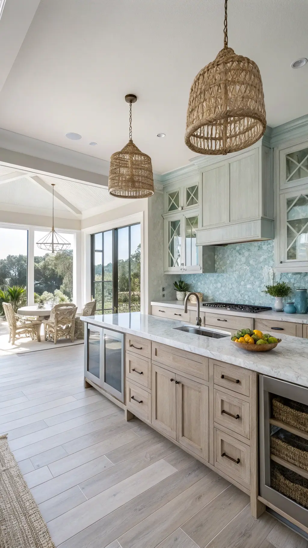 Bright, spacious kitchen in Coastal Oak Retreat with Arctic Mist finished oak cabinets, marble countertops, pale blue tile backsplash, and rattan pendant lights under midday coastal light