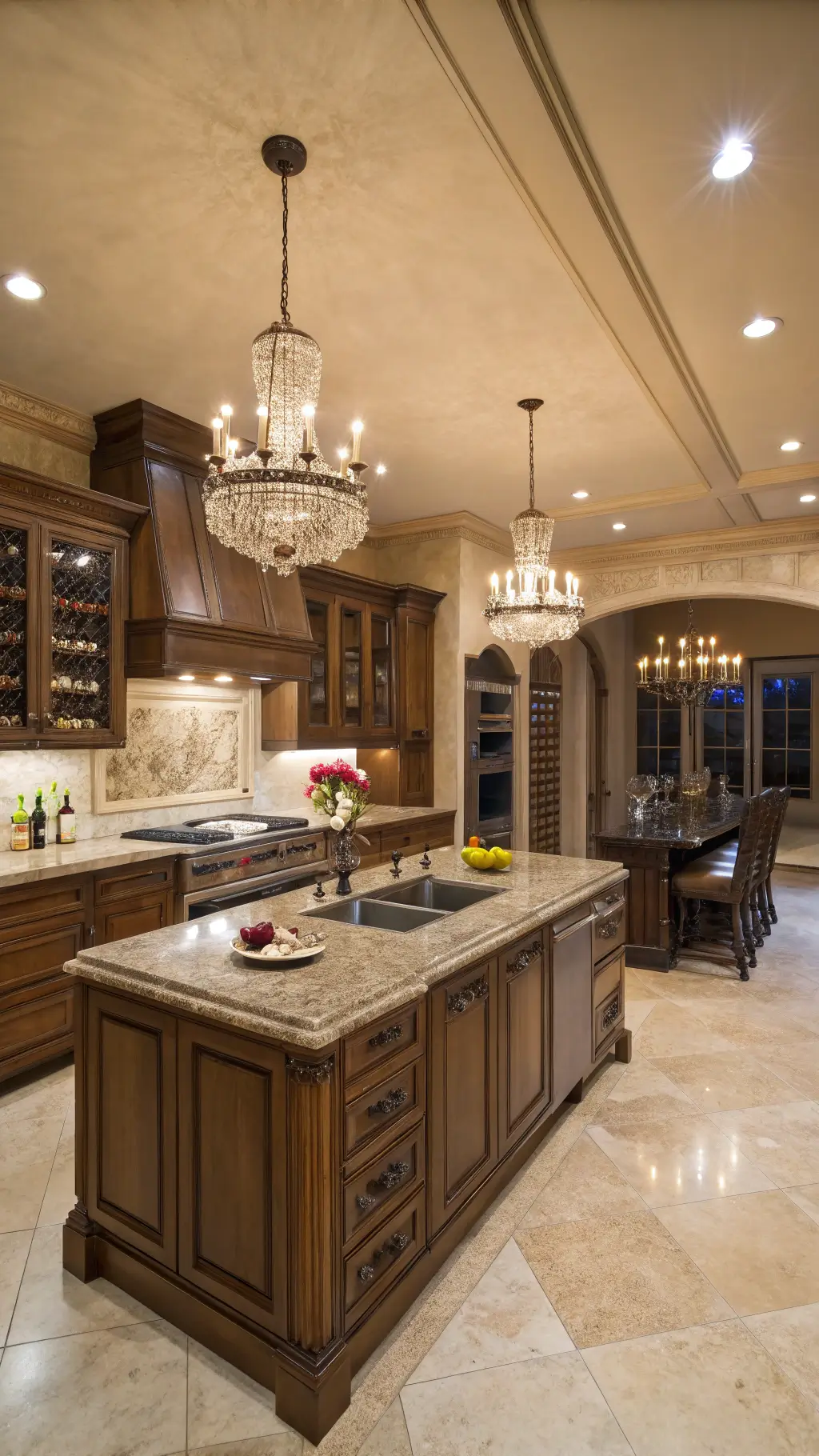 Opulent executive chef's kitchen with professional-grade appliances, double islands with leathered granite, rich quarter-sawn oak cabinets, crystal chandeliers, wine storage, and dramatic ambient lighting shot from a low angle.