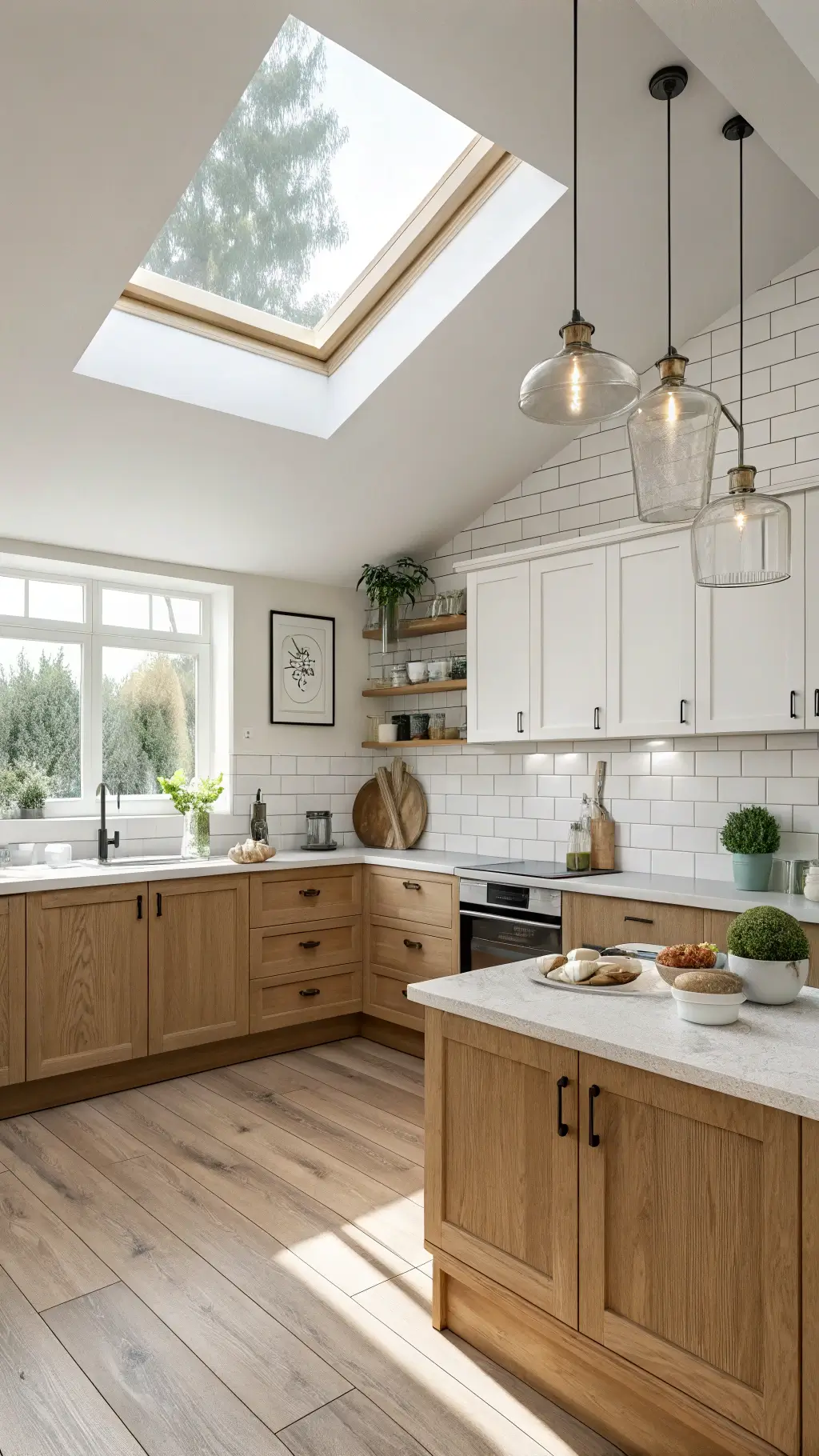 Scandinavian-inspired kitchen with skylight, light walnut cabinets, white subway tile backsplash, pendant lights, light oak flooring, styled with white ceramics, wooden utensils, green potted herbs, and linen textiles.