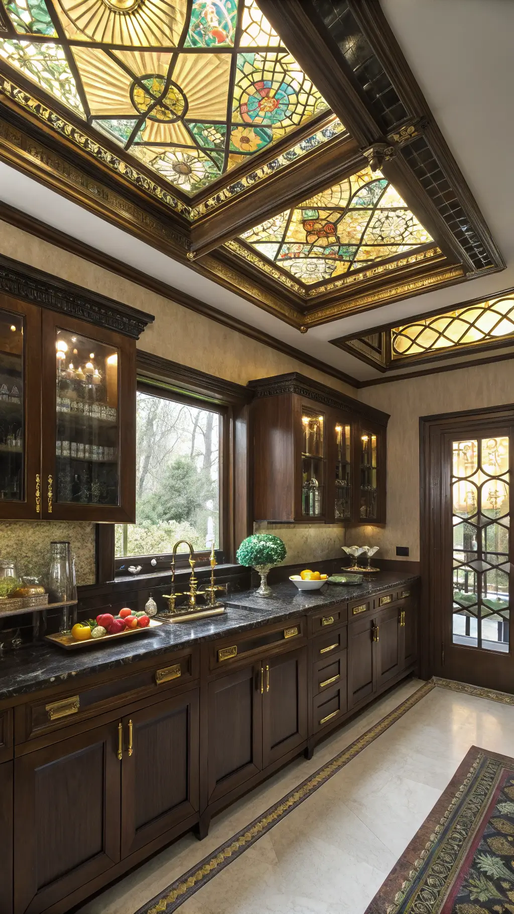 Art Deco Revival kitchen with walnut cabinets, brass geometric inlays, black marble countertops and emerald green accents, highlighted by afternoon light through stained glass windows.