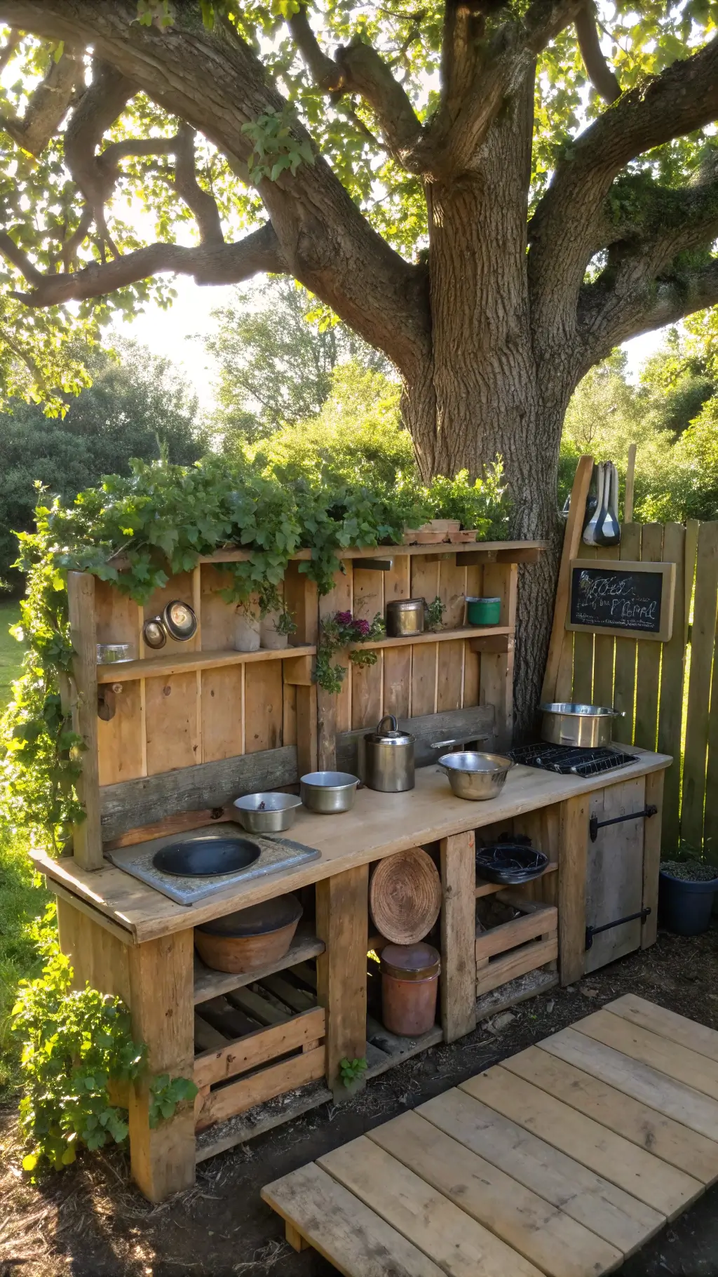 Child's mud kitchen under an oak tree with vintage cookware and wooden utensils, bathed in golden afternoon light.