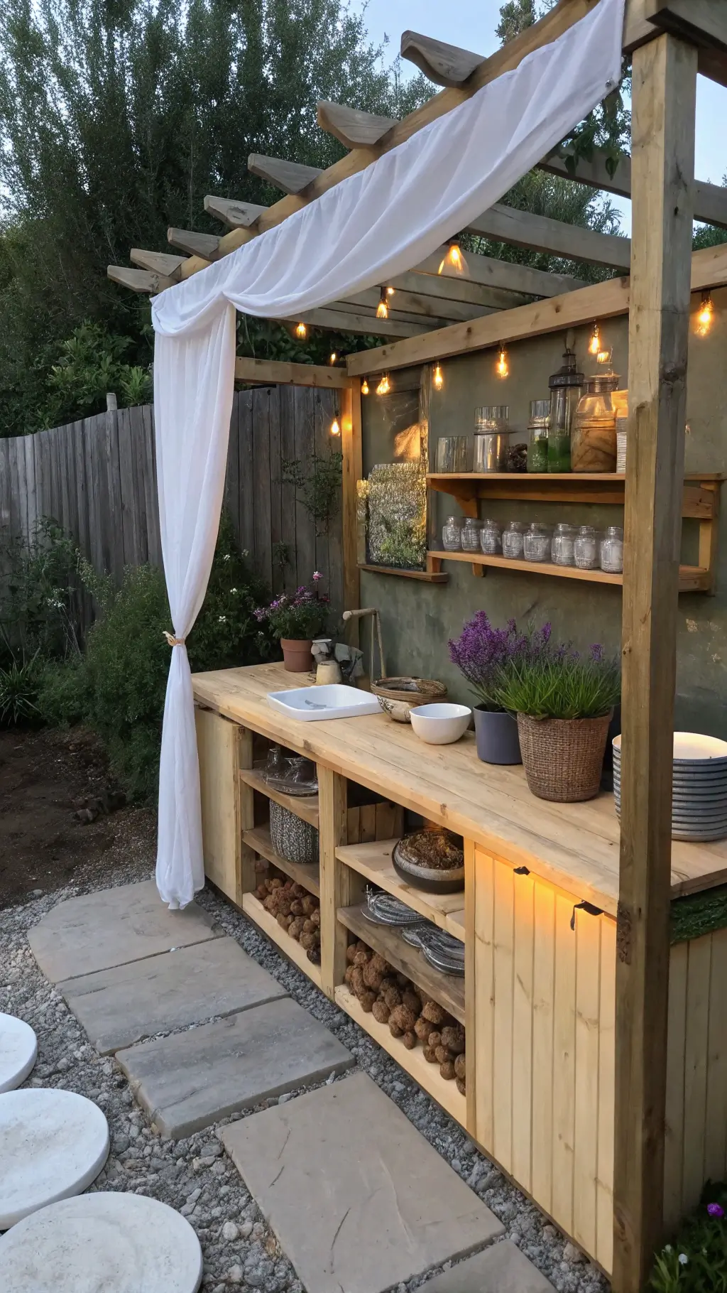 Dreamy mud kitchen scene at dusk with a curved bamboo pergola, organized shelving of botanicals, natural wood counter, river stones, and ceramic bowls, with a vertical garden wall backdrop in a soothing color palette of sage, terra cotta, and soft florals.