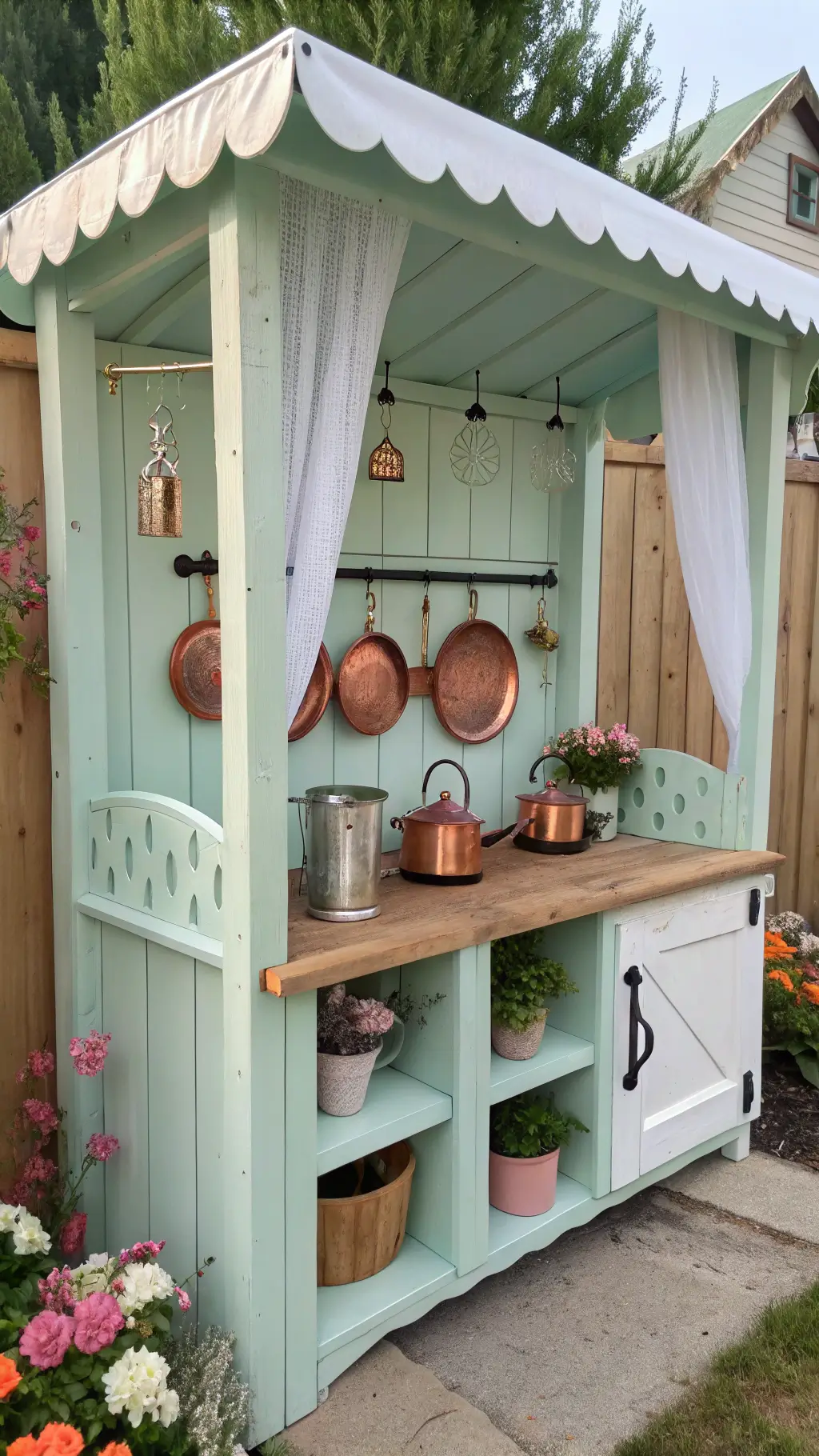 Low perspective view of a whimsical 8x8ft cottage-style mud kitchen. The hand-built wooden structure features a mint-green scalloped roof trim, open shelving displaying vintage enamelware, and hanging copper pots. The scene, lit by diffused mid-morning light through a white mesh sunshade, is framed by blooming garden flowers. Its pastel color palette comprises of mint, cream, and coral pink with rustic metallic accents.