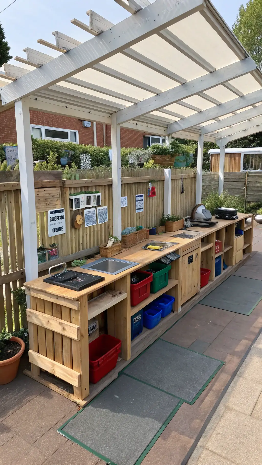 Covered outdoor mud kitchen setup in school garden with various workstations, labeled bins for natural materials, measurement tools, and a document area under bright daylight through white pergola cover.