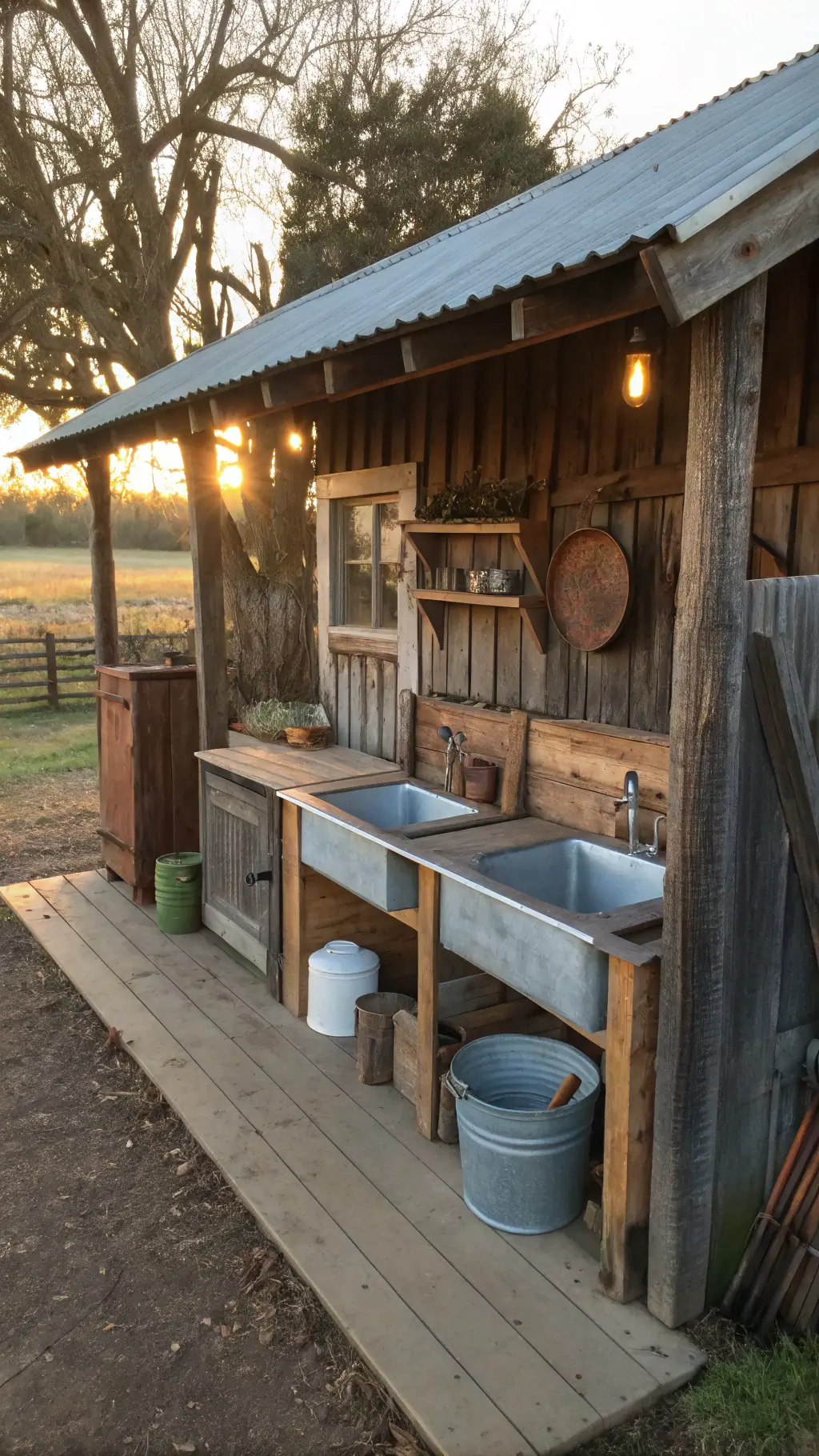 Rustic farmhouse mud kitchen with reclaimed barn wood structure and tin roof overhang bathed in golden hour light, adorned with vintage farm tools, galvanized metal basins and worn wooden implements creating a warm, authentic pastoral atmosphere.