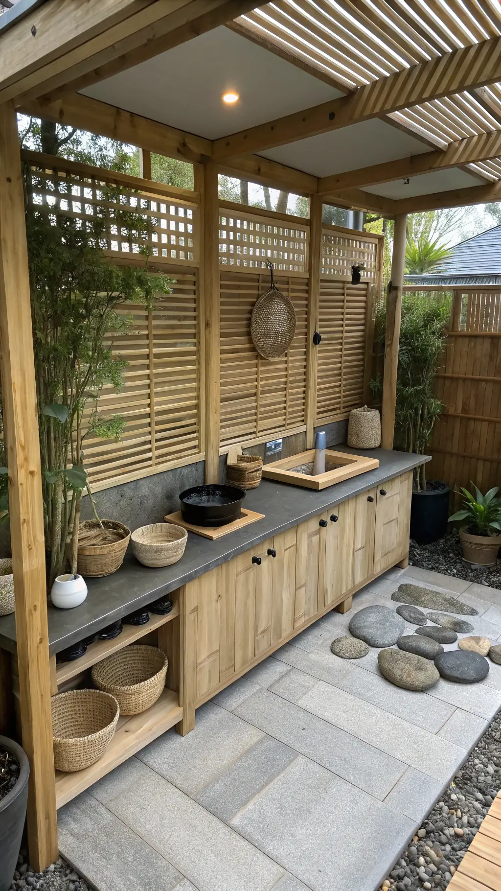 Zen-inspired mud kitchen with Asian design, stone work surface, and ceramic vessels under morning light filtered through a bamboo shade