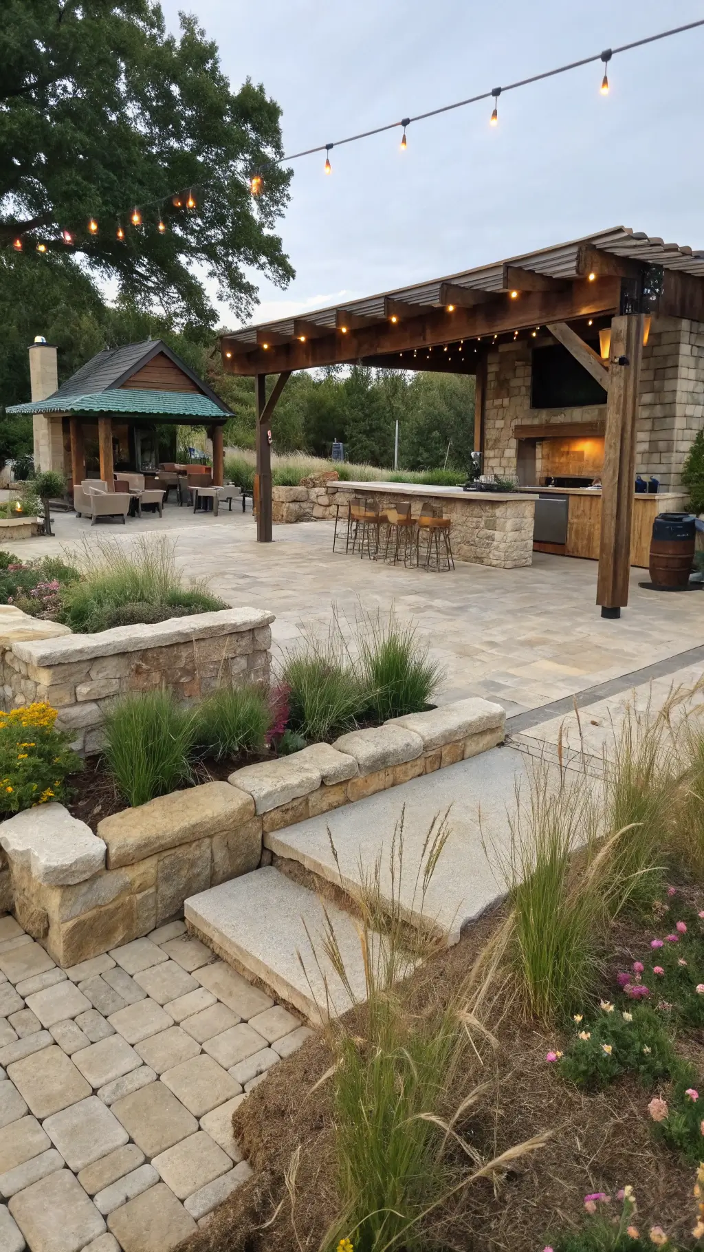 Wide-angle view of a 25x30ft sustainable entertainment zone featuring a limestone paver pathway, sunken conversation pit with built-in seating, native grasses and wildflowers, reclaimed wood outdoor kitchen with living green roof, and solar-powered string lights.