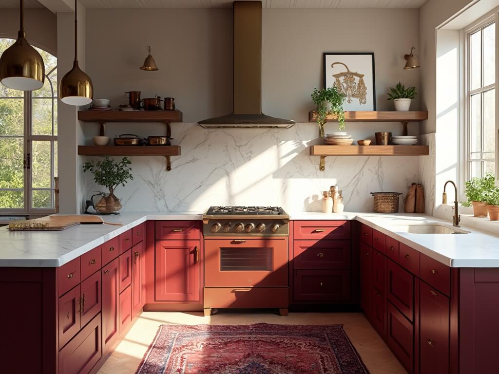 "Luxurious 8K resolution kitchen design featuring burgundy Shaker-style cabinets, white Carrara marble countertops, antique brass hardware and pendant lights, floor-to-ceiling windows, copper cookware on open shelving, and a vintage Persian runner."
